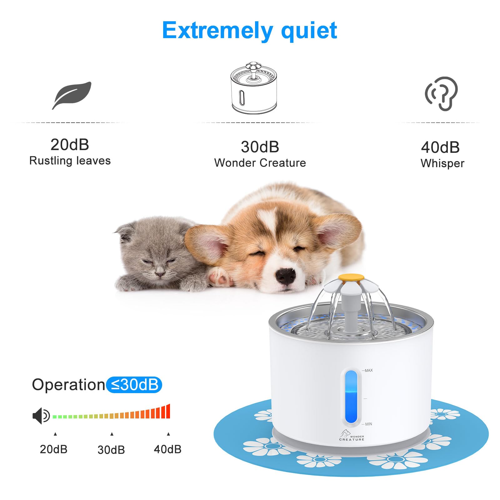 Wonder Creature jet d'eau en circulation, eau oxygénée attirant l'attention du chat
