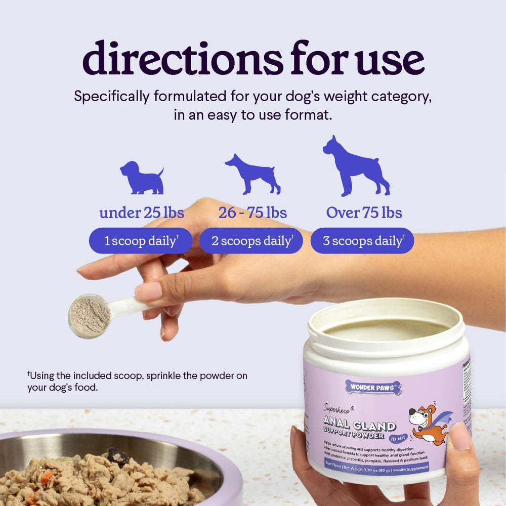Chien mangeant repas mélangé avec WONDER PAWS pour réduction du scooting