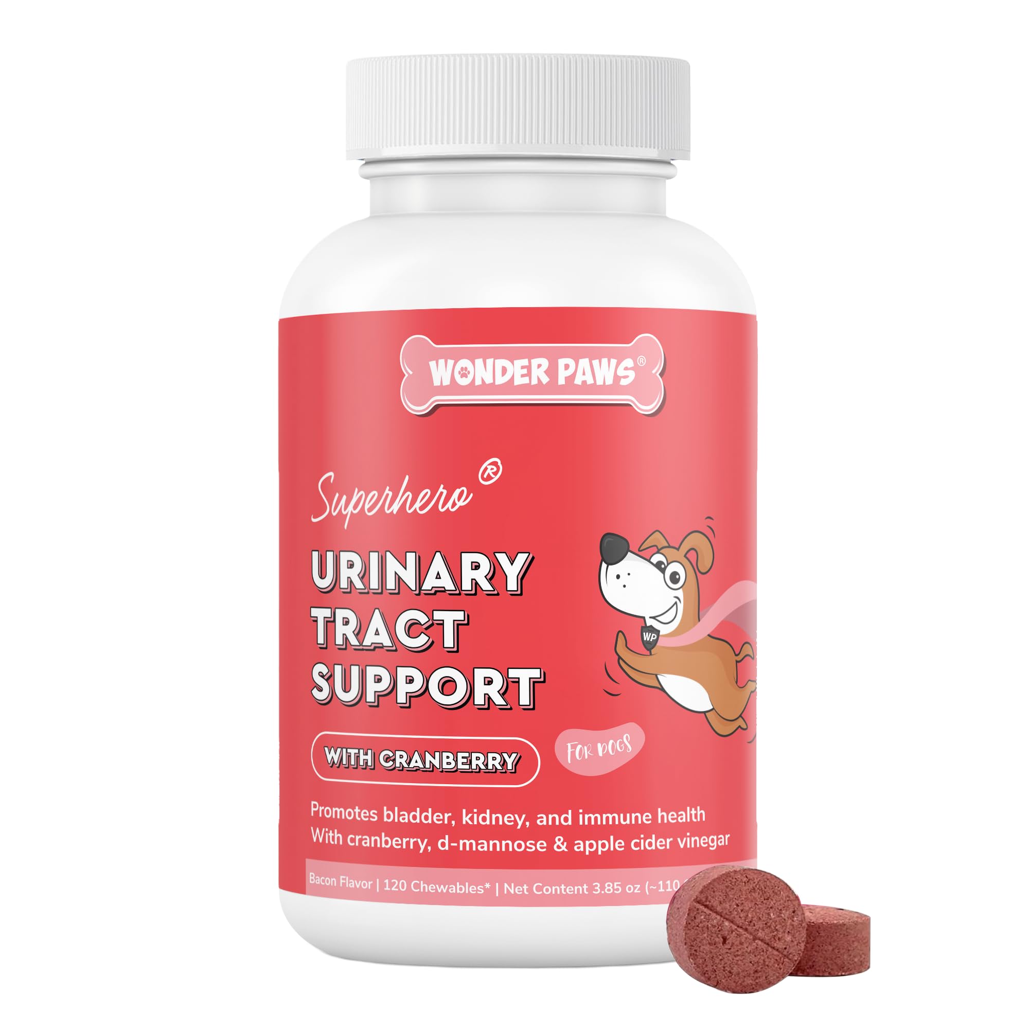 WONDER PAWS pot de cranberry 120 comprimés montrant l'emballage clair et pratique