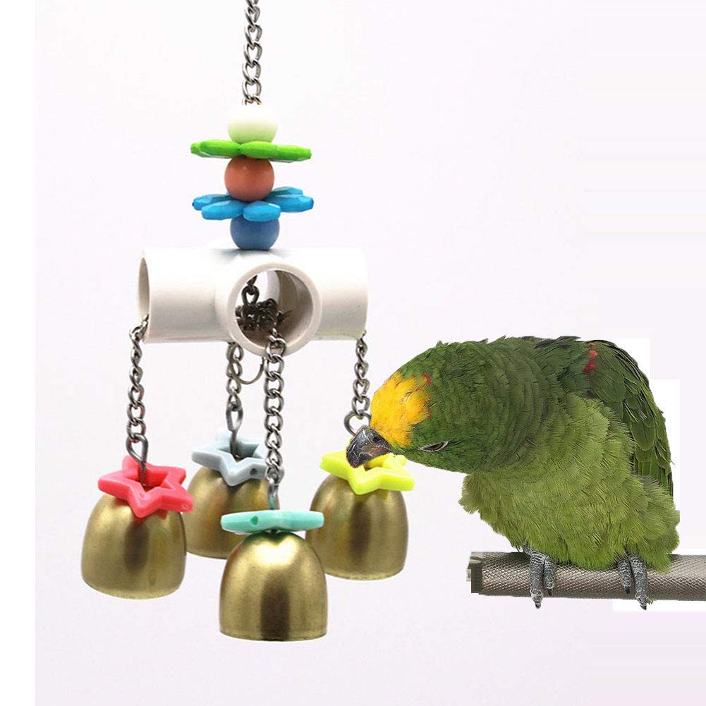 Wontee vue avant du jouet suspendu montrant les cloches et la structure, attire l’oiseau