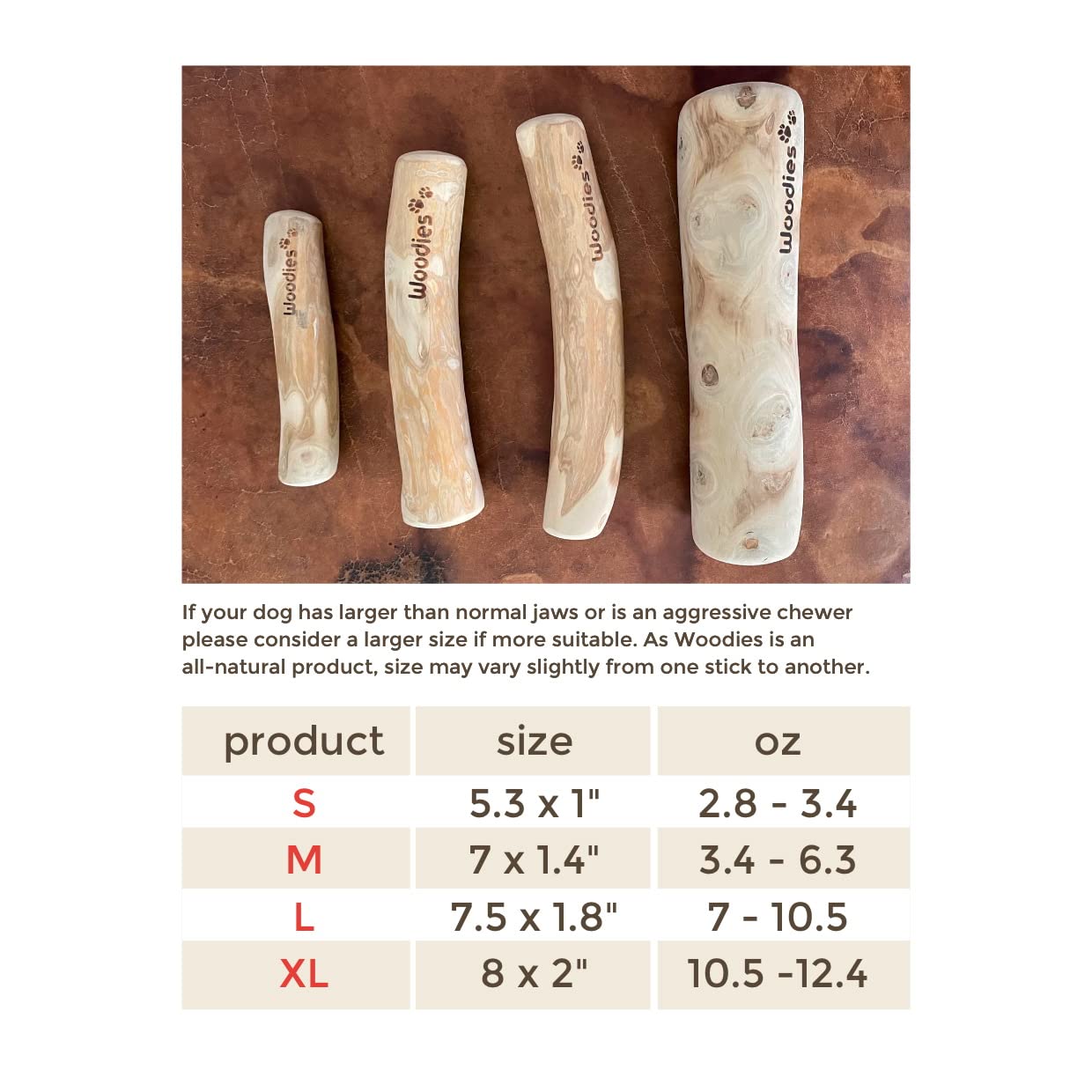 Woodies Dog Chews extrémité poncée sans arêtes pour moins de risque