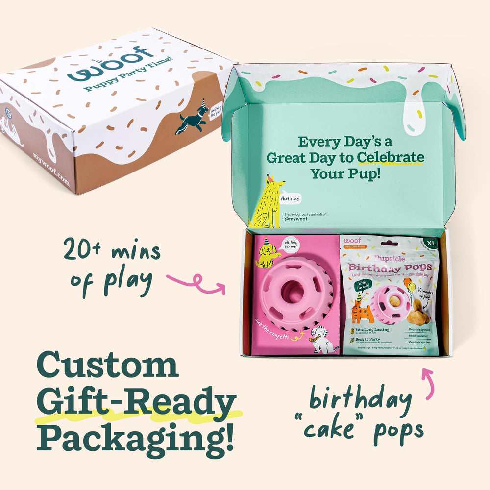 WOOF Birthday Pop gros plan avec sprinkles, saveur attractive pour chien