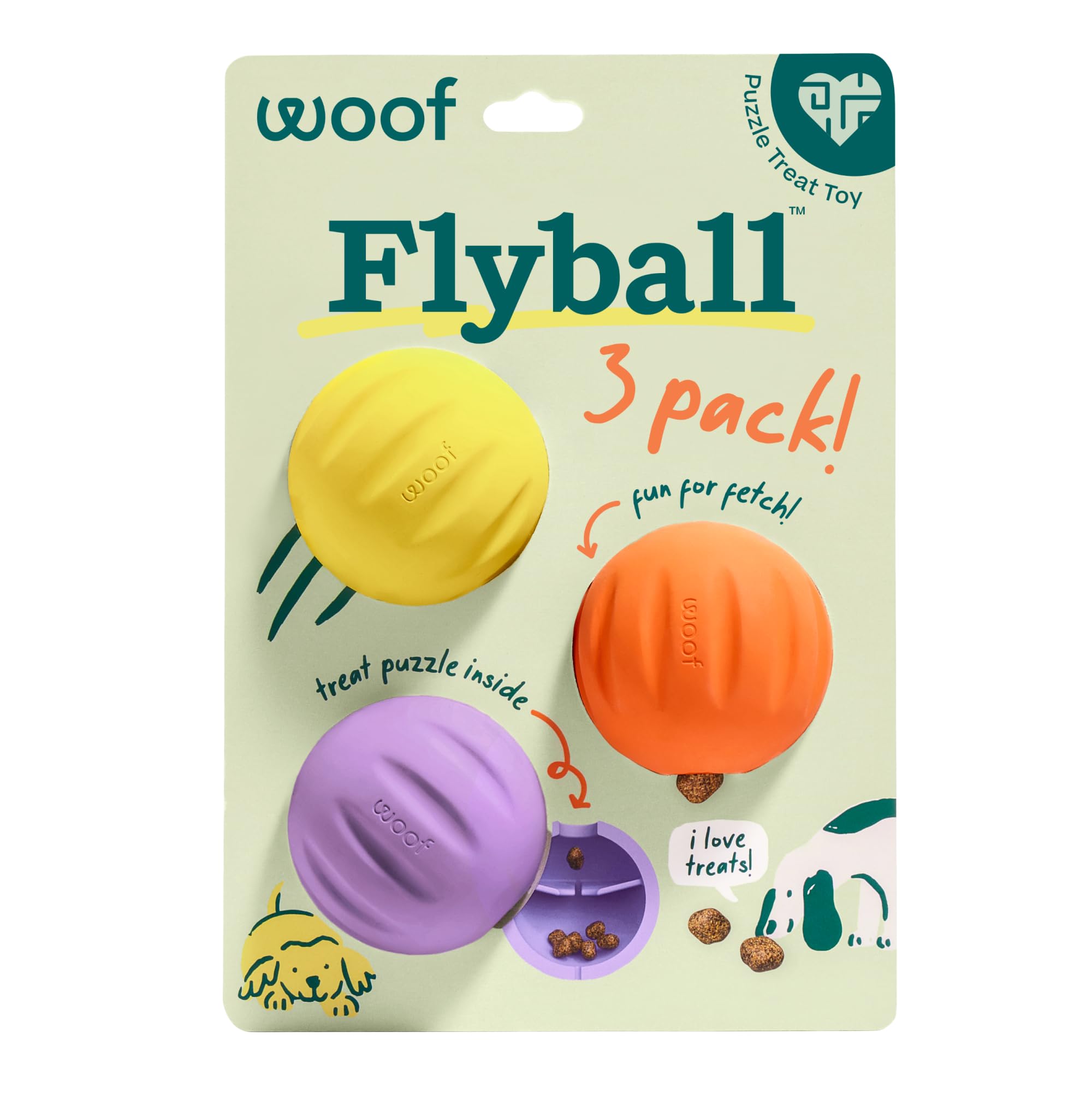 WOOF Flyball face avant du lot de 3 montrant l’emballage attractif et durable