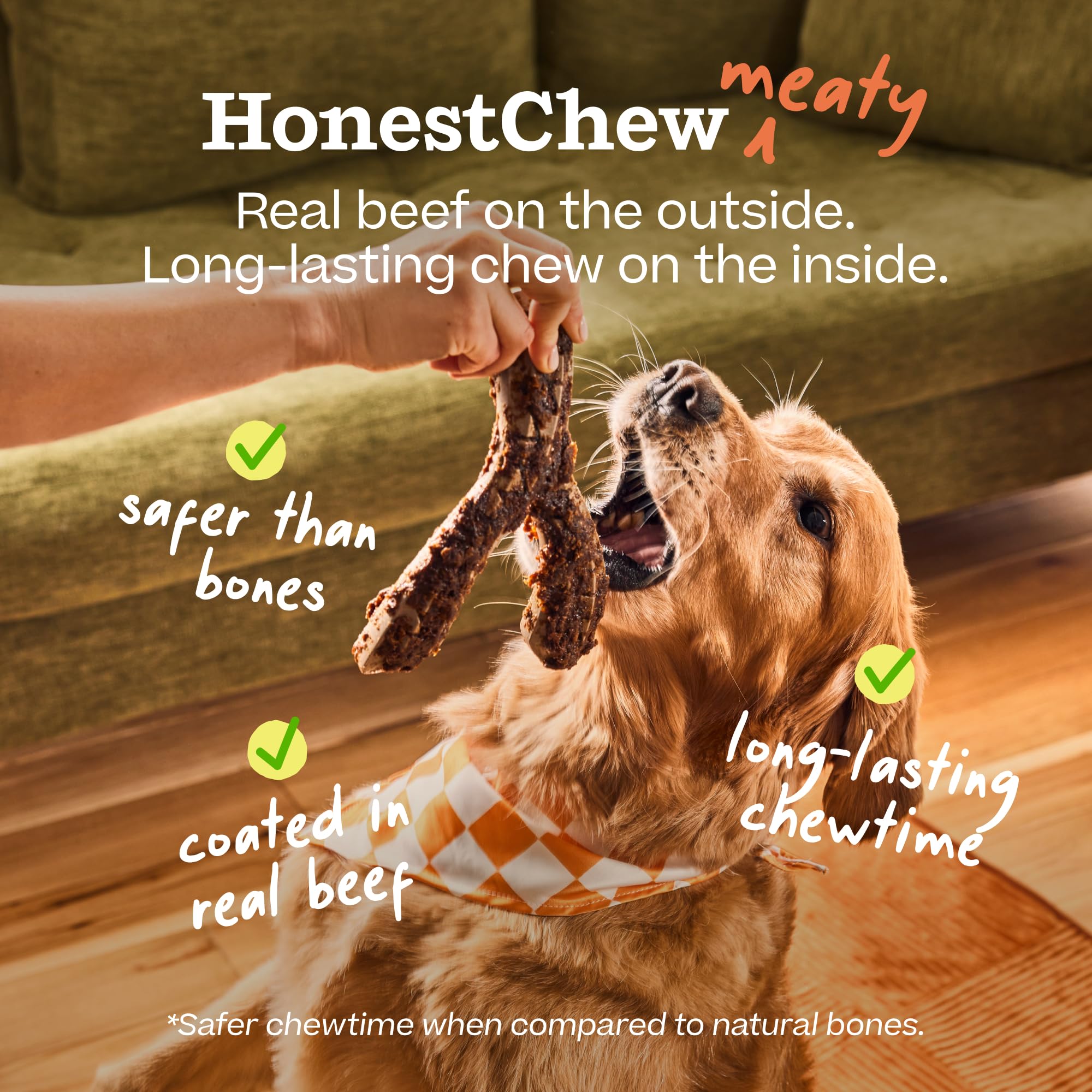 WOOF HonestChew Antler posé à côté d’un ruban-mesure montrant taille adaptée grands chiens