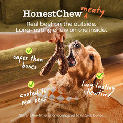 WOOF antler tenu en main pour comparer taille et adéquation au chien