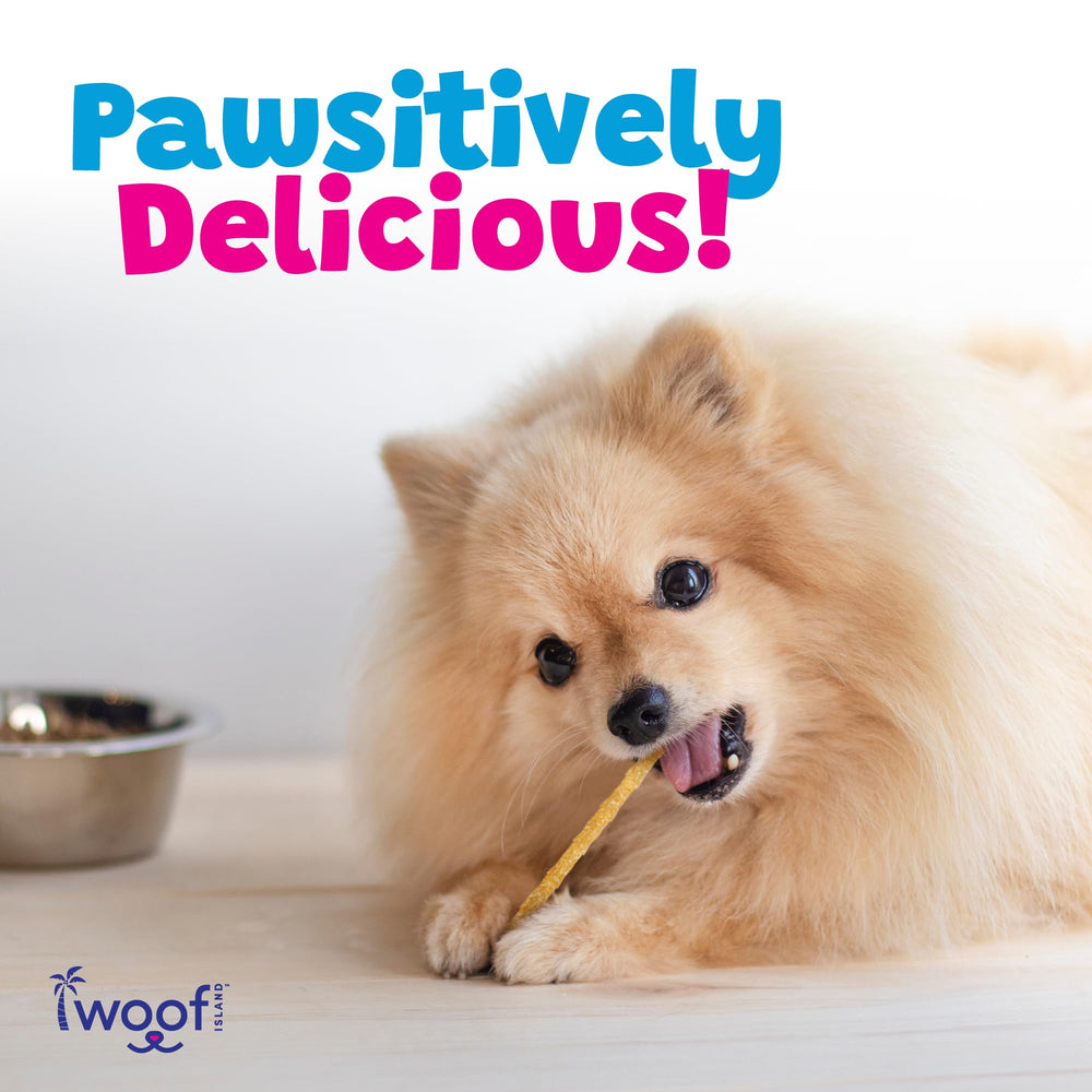 Woof Island assortiment de chews sur table, appétence et variété visible