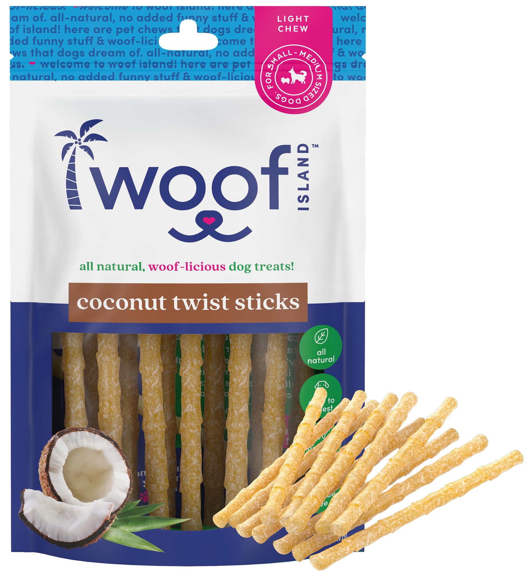 Woof Island emballage frontal montrant les informations produit et les bénéfices