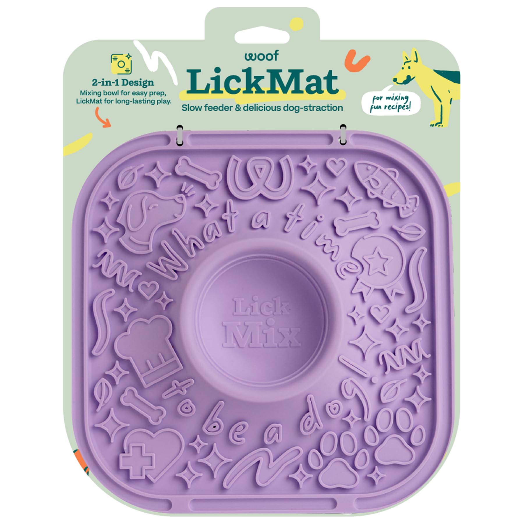 WOOF packaging avant montrant le LickMat lavande et ses usages apaisants
