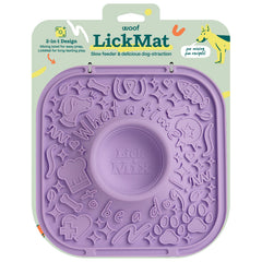 WOOF packaging avant montrant le LickMat lavande et ses usages apaisants