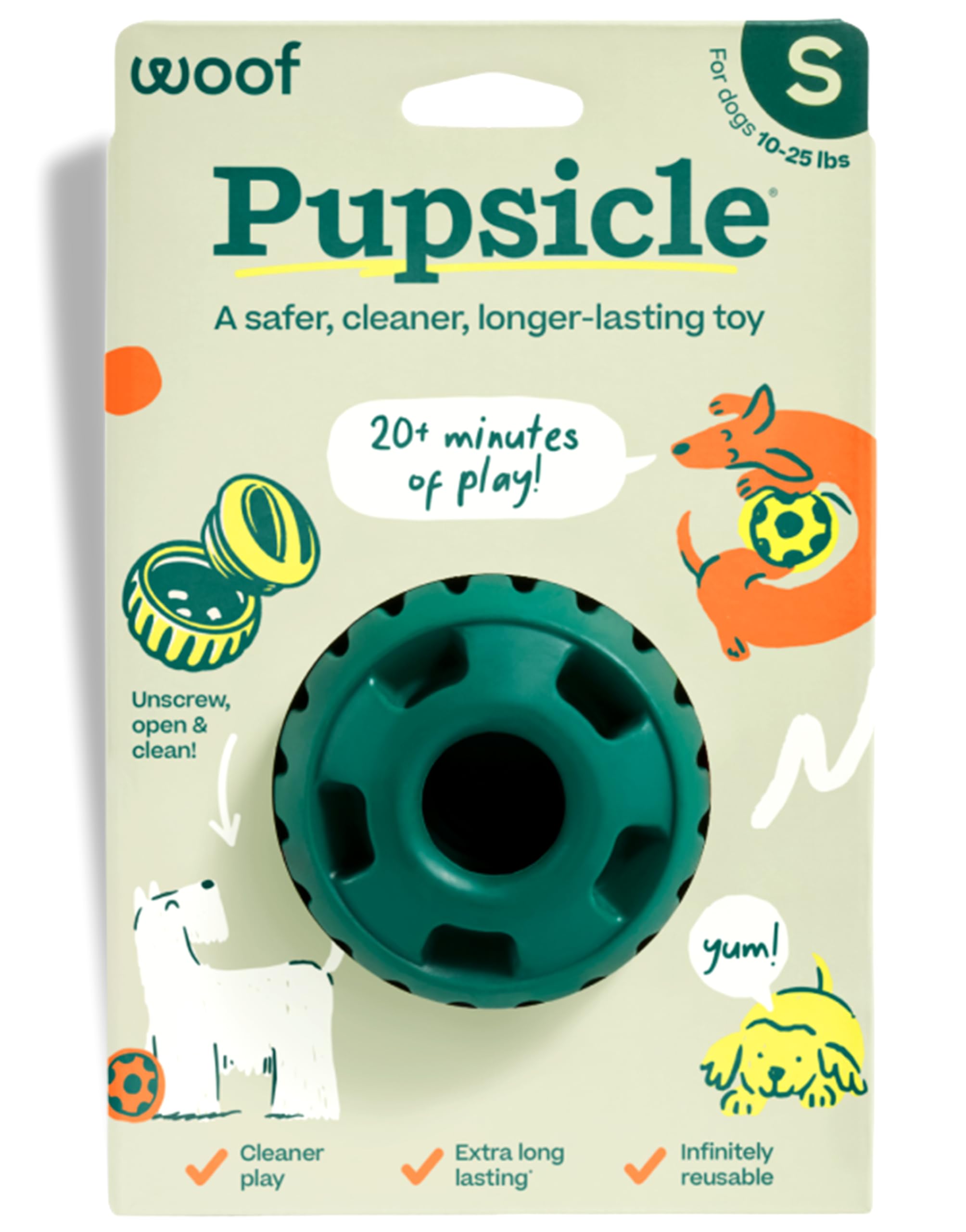 WOOF Pupsicle emballage avant vert montrant utilisation et bénéfice divertissant