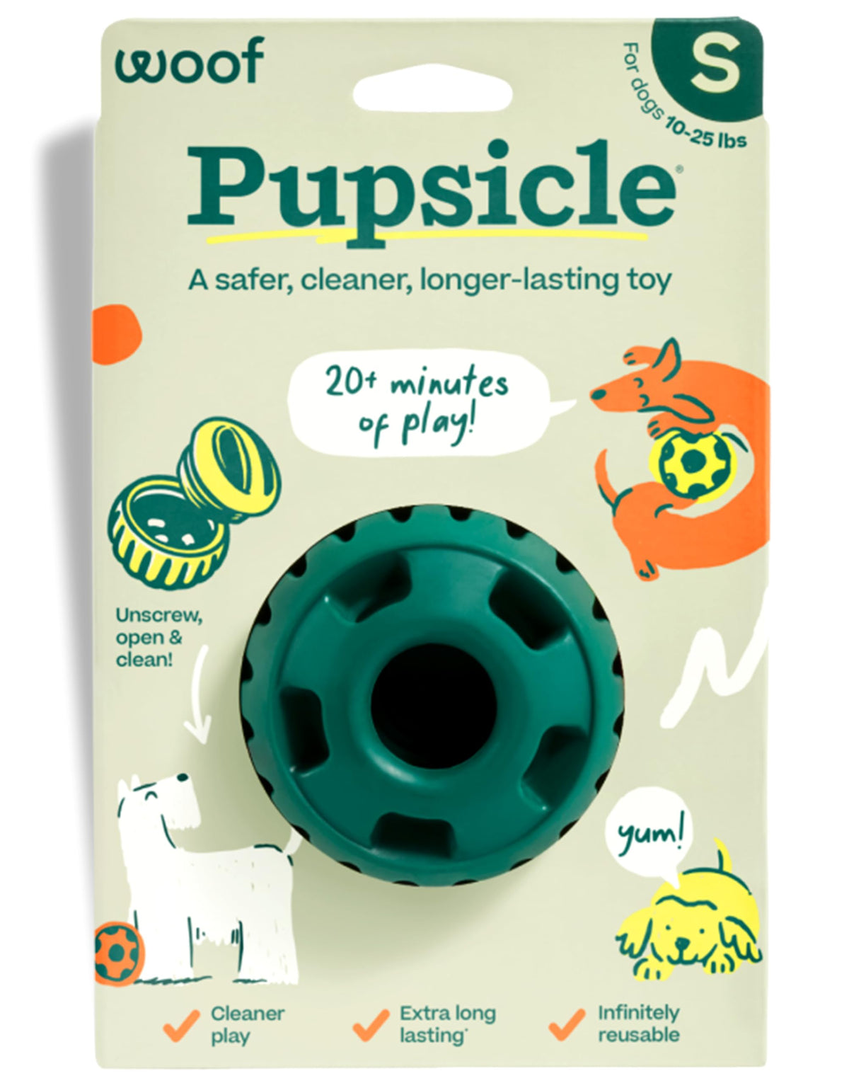 WOOF Pupsicle emballage avant vert montrant utilisation et bénéfice divertissant