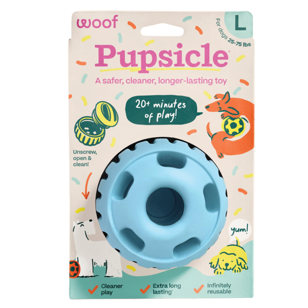 WOOF Pupsicle emballage avant montrant le jouet et bénéfice distraction prolongée