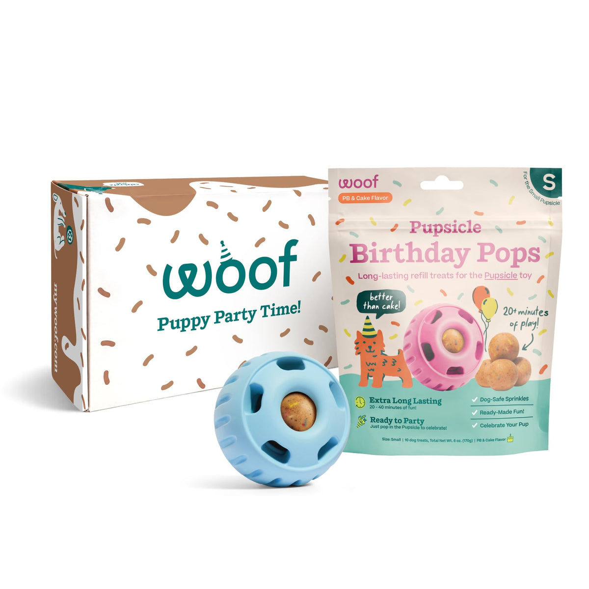 WOOF emballage avant du Pupsicle Buddy Blue montrant cadeau prêt à offrir