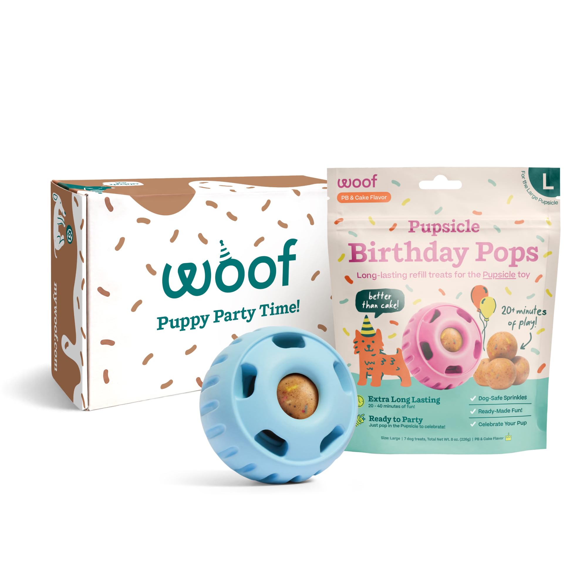WOOF packaging fête montrant le Pupsicle bleu, cadeau prêt à offrir