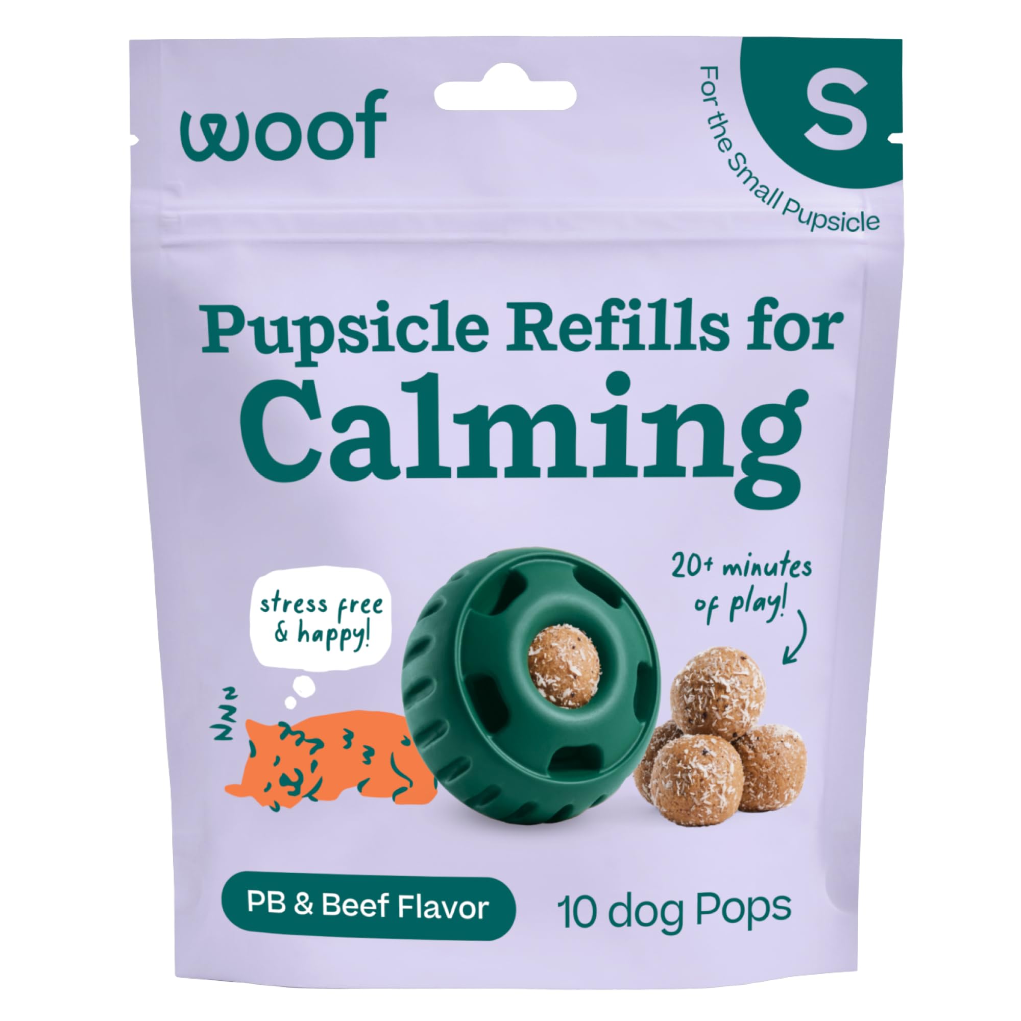 WOOF recharge Pupsicle face avant montrant paquet et bénéfice durée de jeu