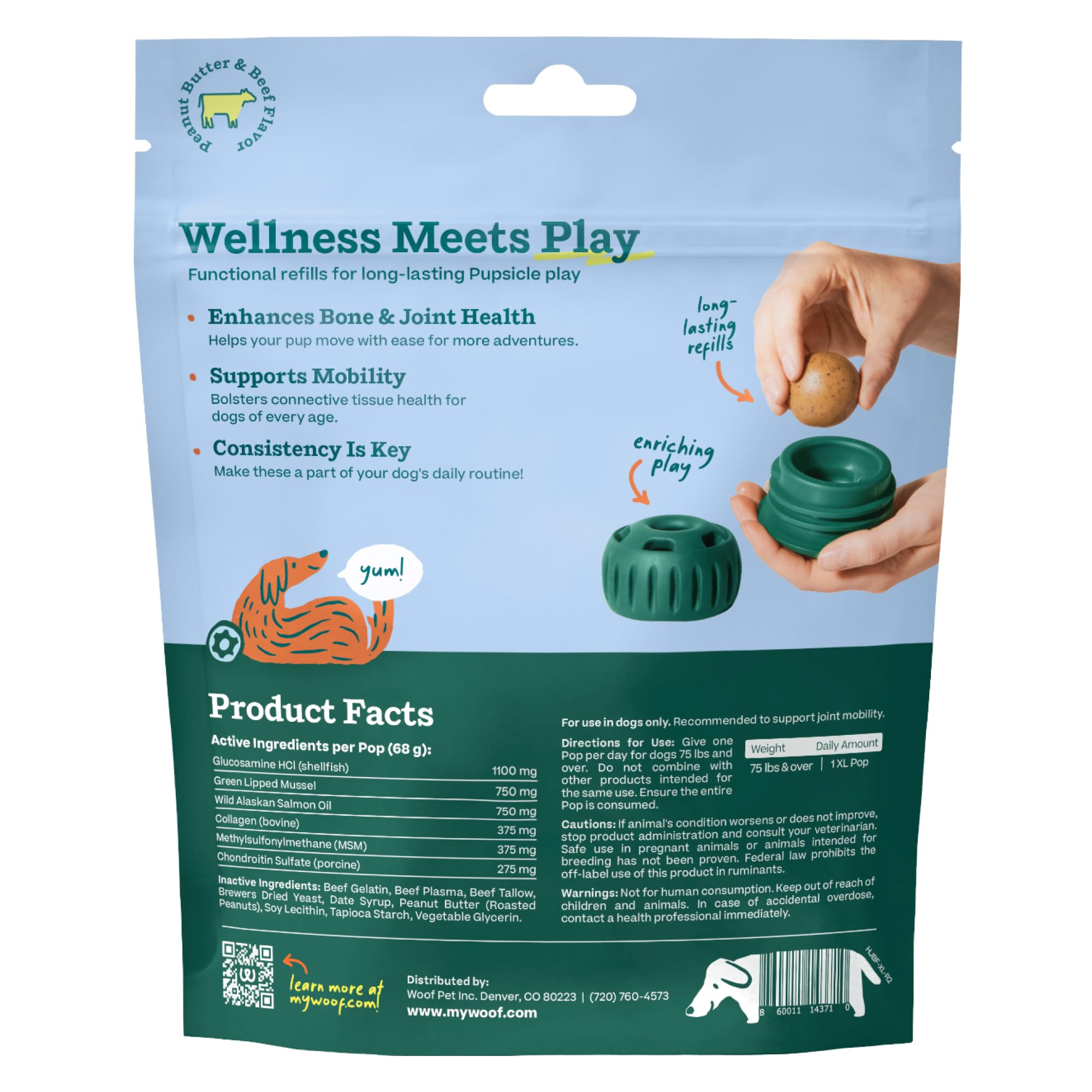 Étiquette produit WOOF Pupsicle Refill affichant ingrédients et contrôle qualité USA
