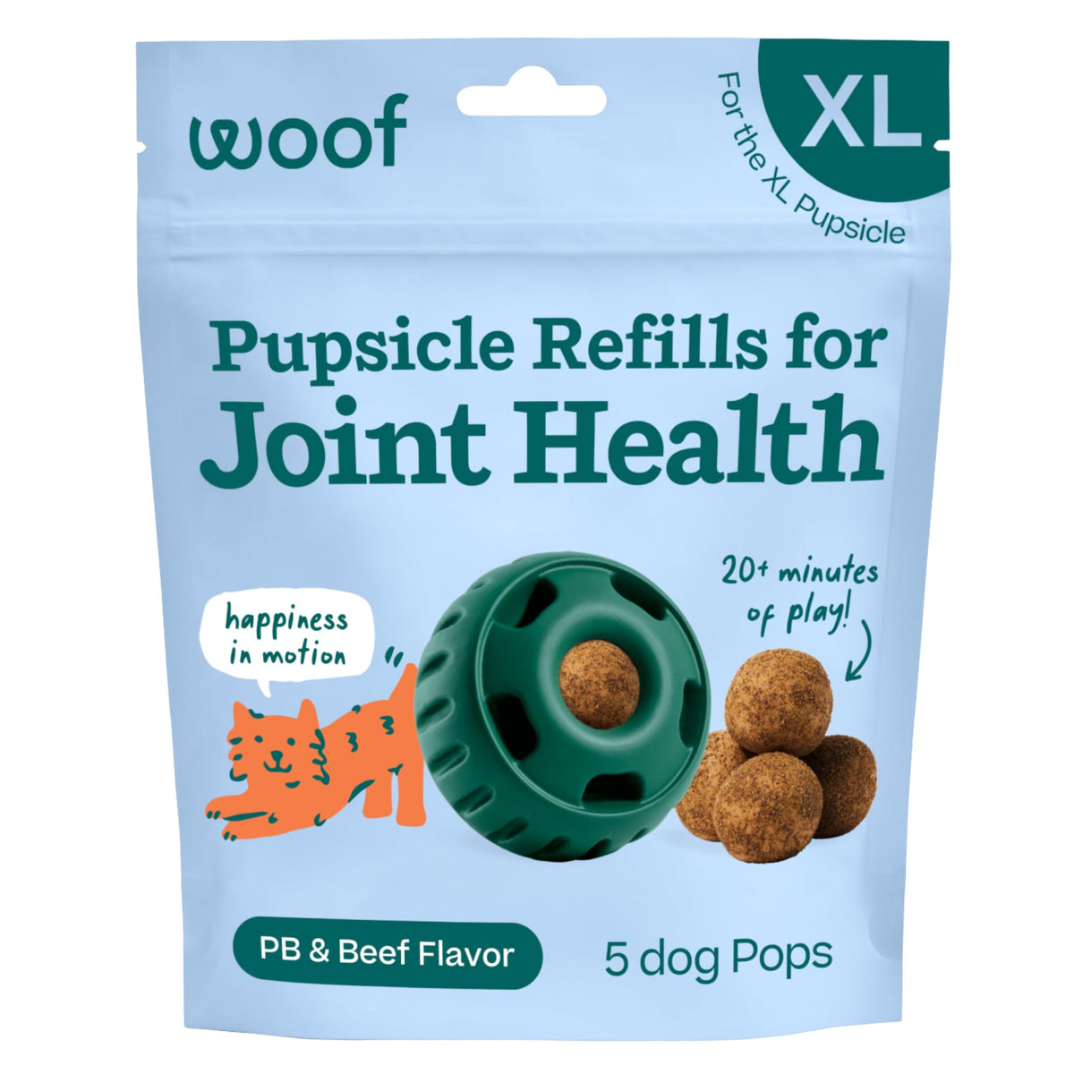 WOOF recharge Pupsicle face du paquet montrant format extra large et bénéfice jeu prolongé