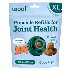 WOOF recharge Pupsicle face du paquet montrant format extra large et bénéfice jeu prolongé