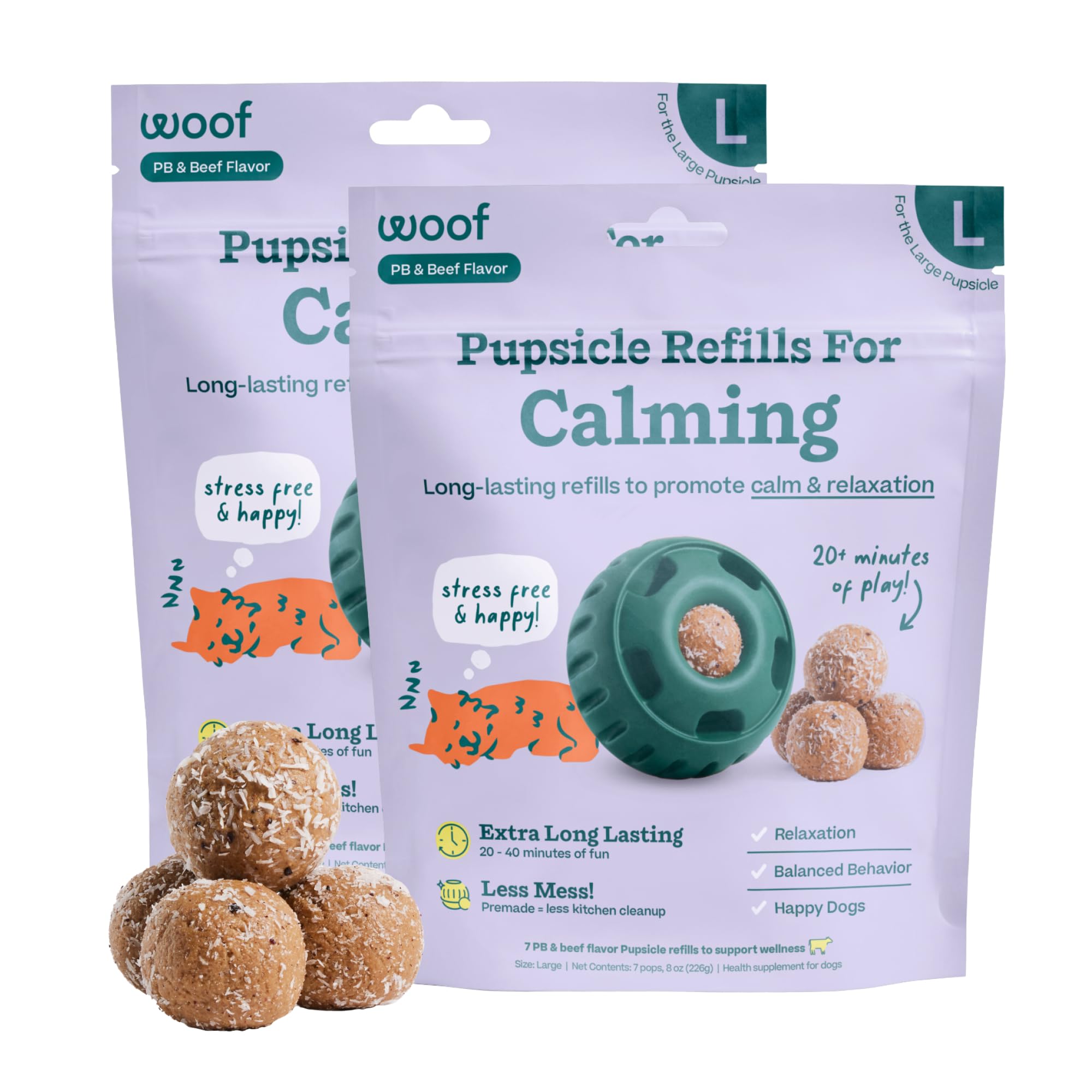 WOOF packaging avant montrant le lot de recharges et bénéfice longue durée