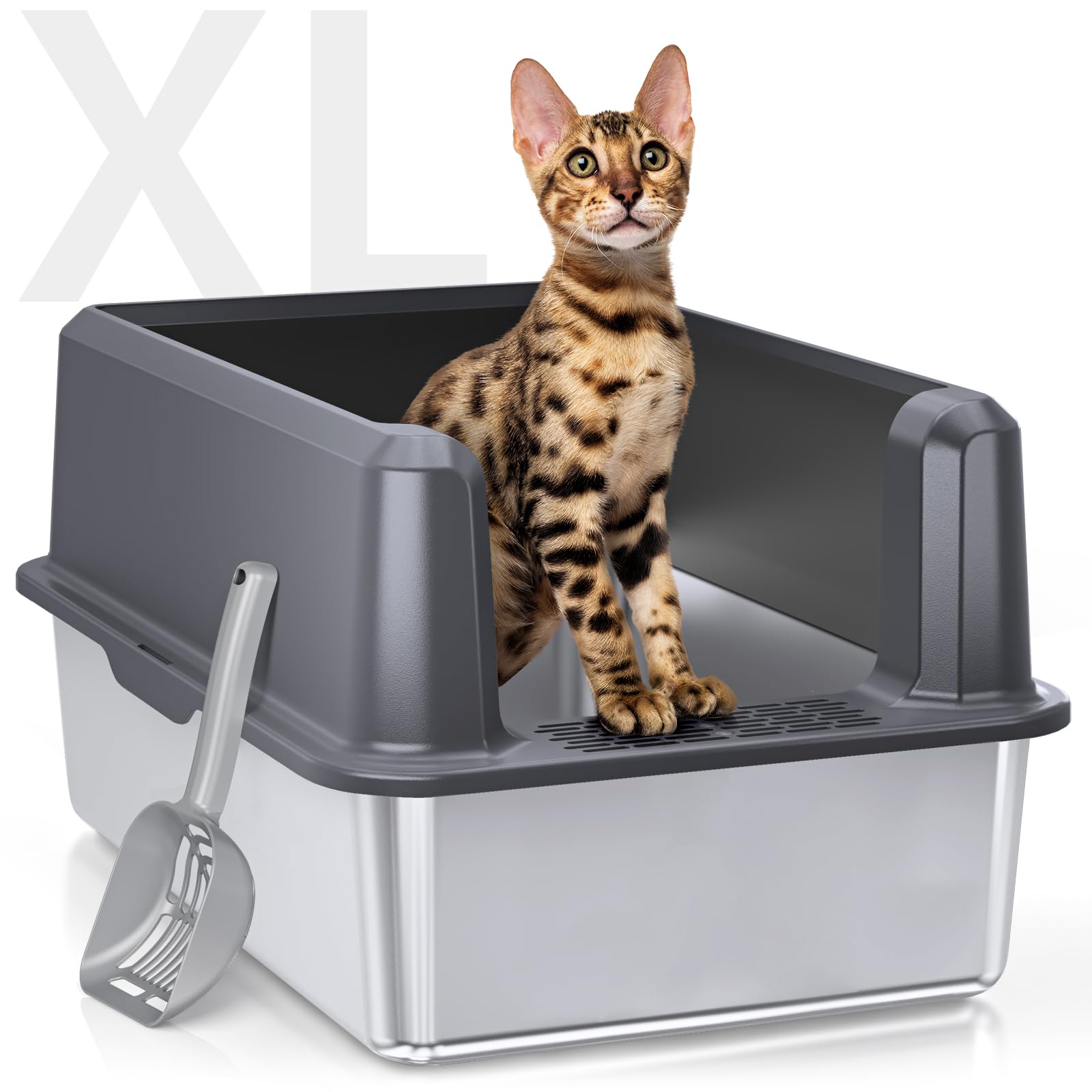 WoofiGo bac inox face avant montrant l'espace XL et le design ouvert bénéfique pour le confort du chat