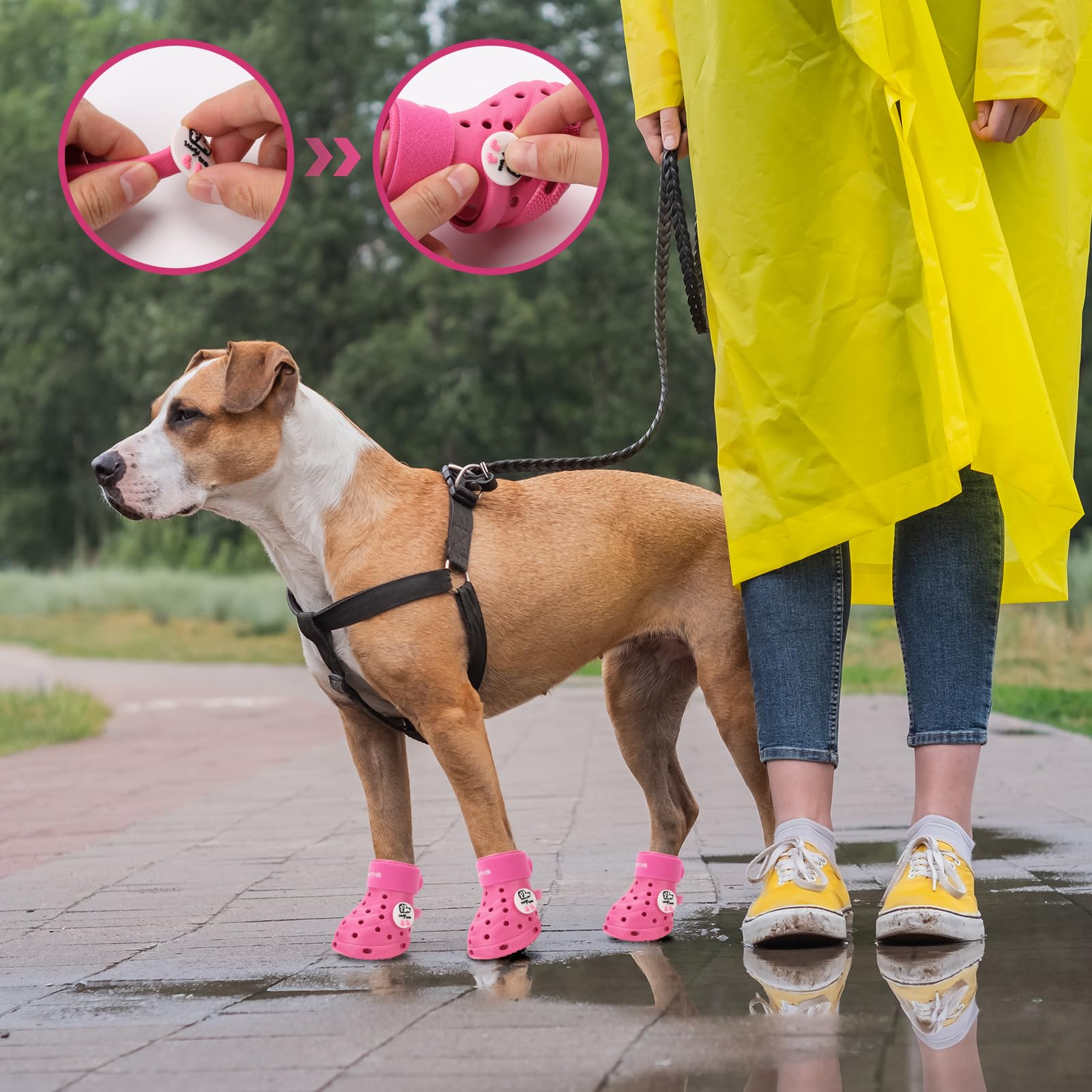 Wooftrak bottine en usage lors d'une promenade, protection sur sol chaud