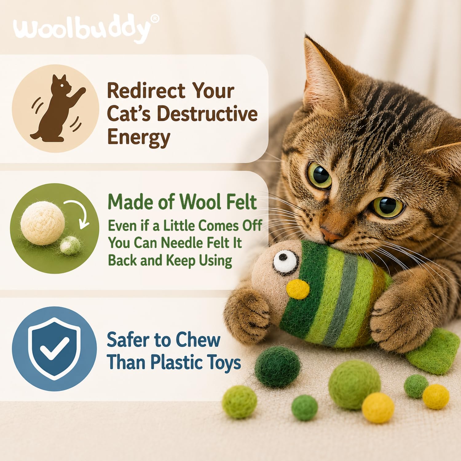 Comparaison taille Woolbuddy poisson à côté d’une main, mesure visible