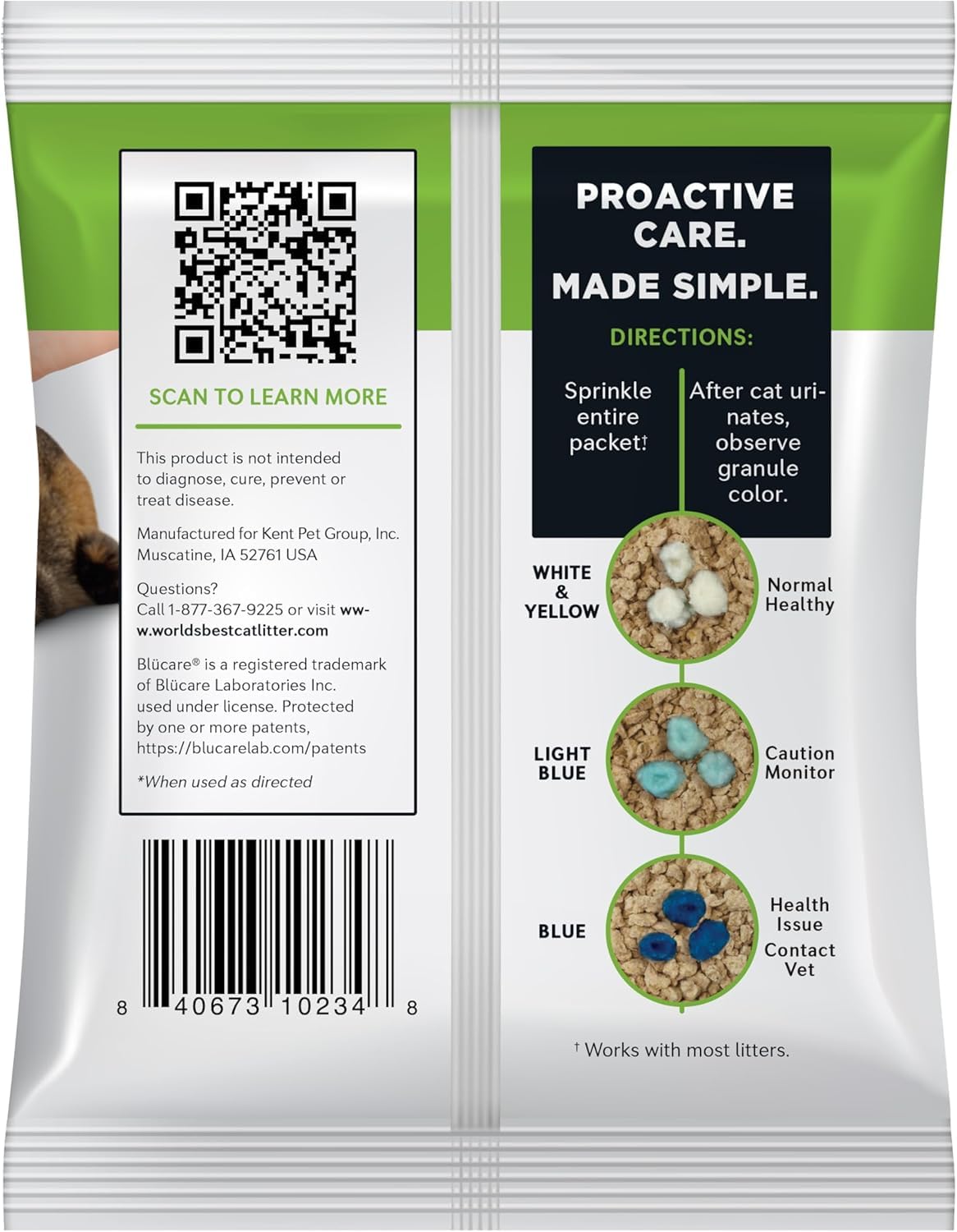 World's Best Cat Litter emballage avec icône recyclage, choix respectueux de l'environnement