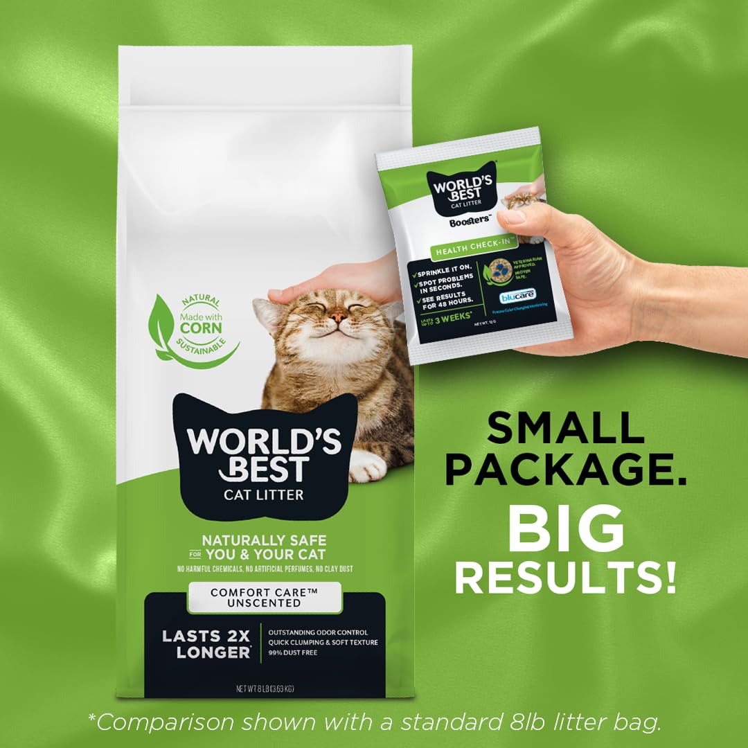 World's Best Cat Litter gros plan sur granules, permet détection rapide et sûre