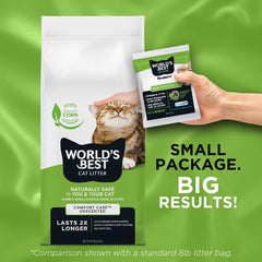 World's Best Cat Litter gros plan sur granules, permet détection rapide et sûre