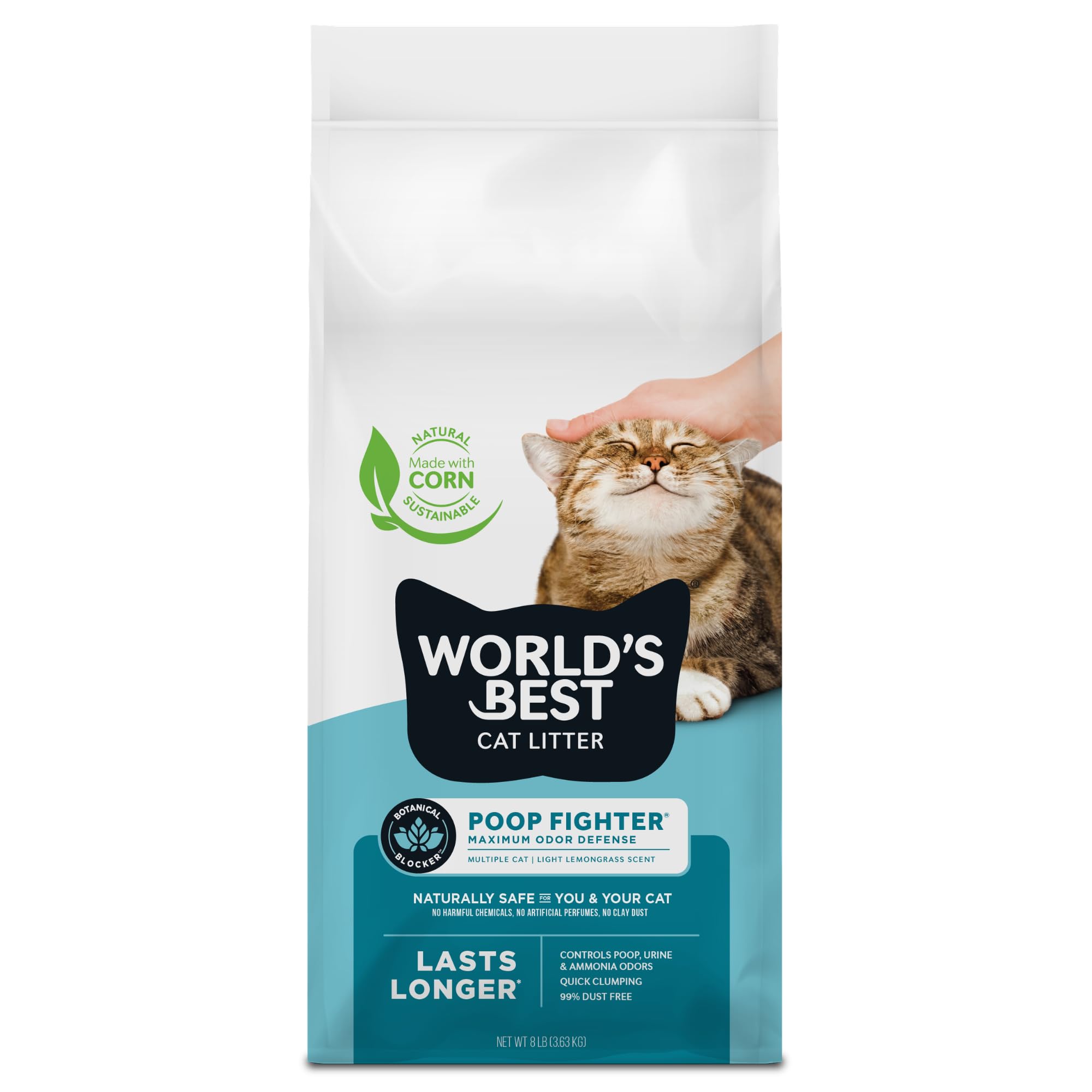World's Best Cat Litter emballage avant montrant conservation et bénéfices