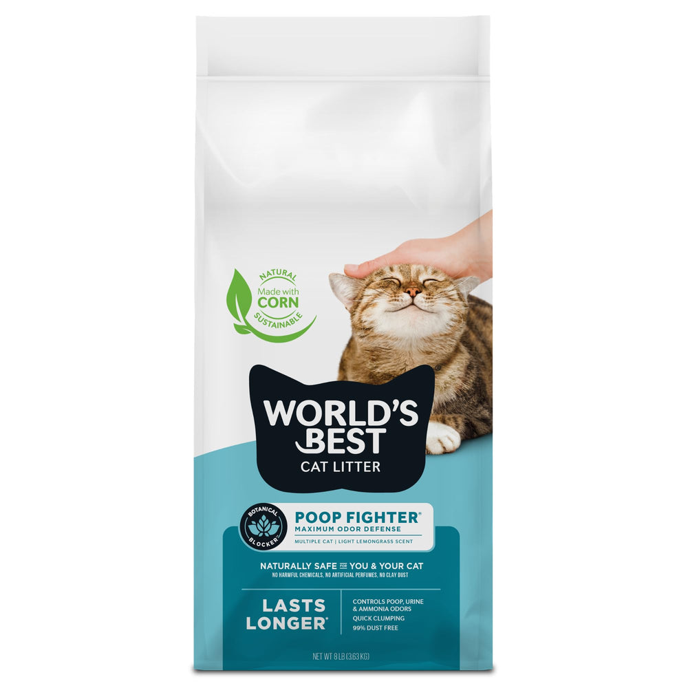 World's Best Cat Litter emballage avant montrant conservation et bénéfices