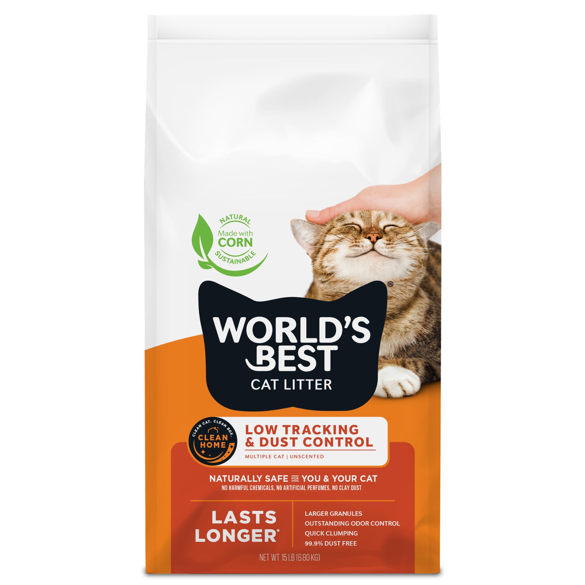 World's Best Cat Litter emballage avant montrant sac pratique et usage domestique