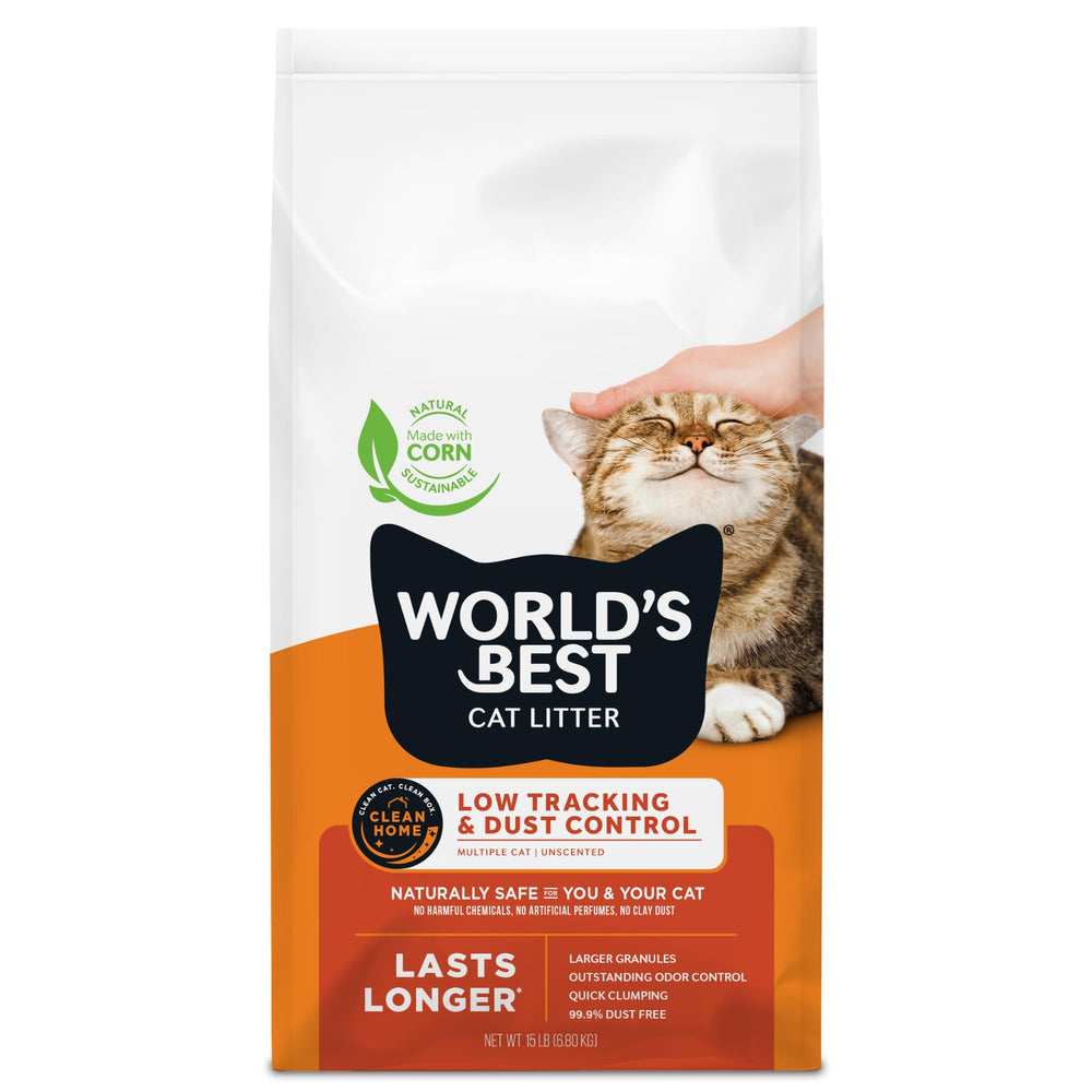 World's Best Cat Litter emballage avant montrant sac pratique et usage domestique