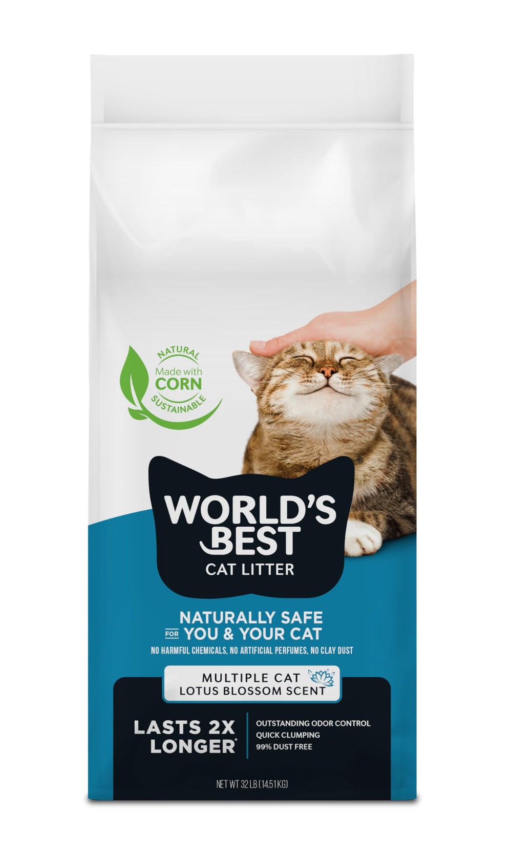 World's Best Cat Litter emballage face montrant sac 32 lb et bénéfice légèreté
