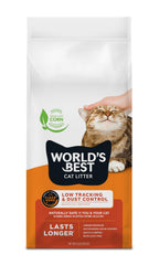 World's Best Cat Litter paquet avant montrant litière faible poussière, bénéfice propreté