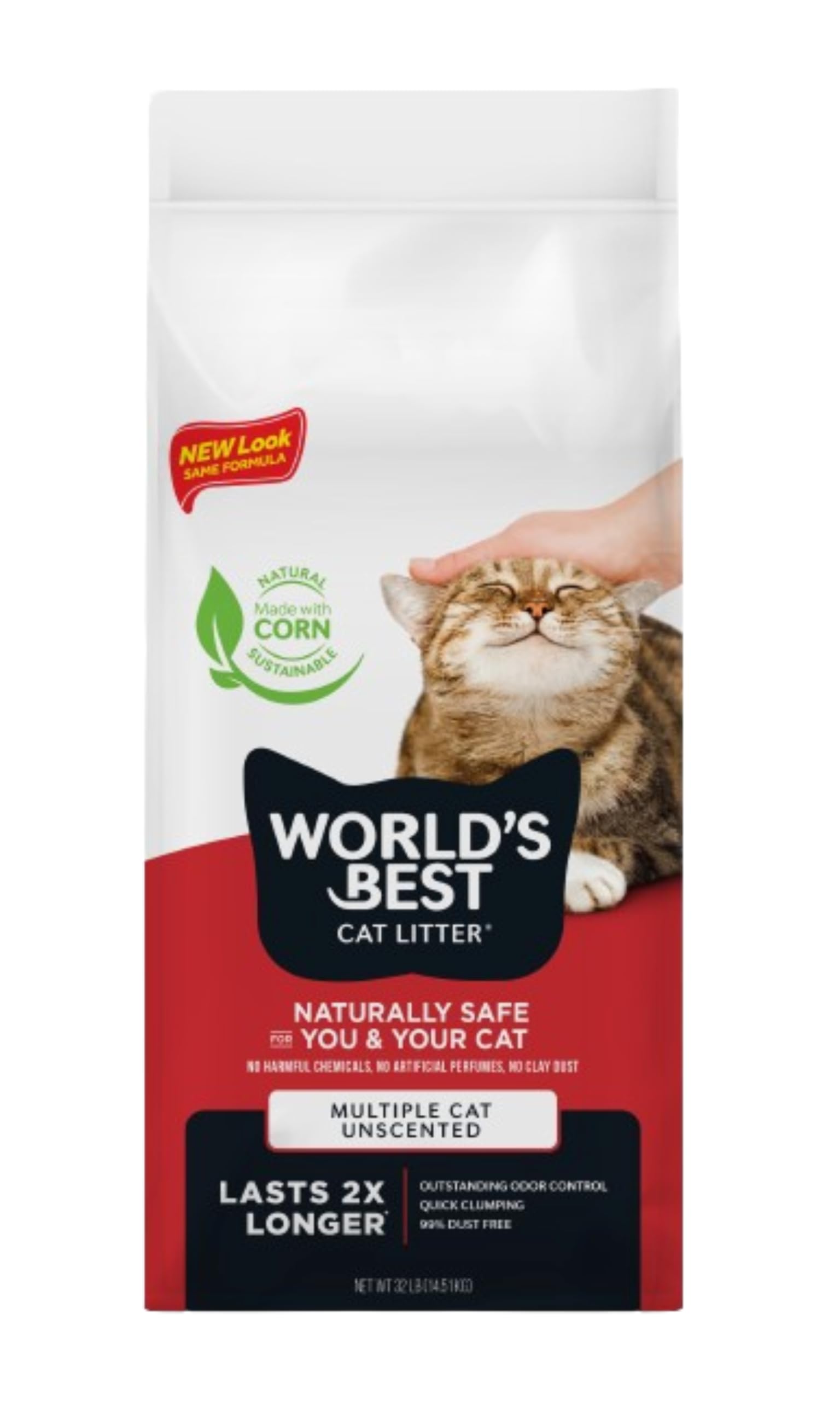 World's Best Cat Litter sac avant montrant le format 32 lb et praticité