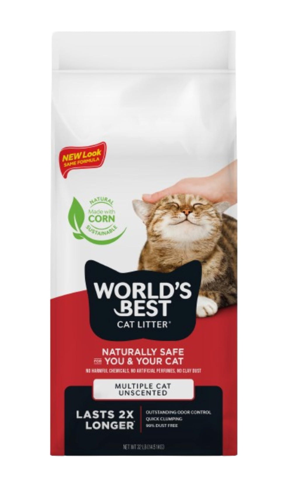 World's Best Cat Litter sac avant montrant le format 32 lb et praticité