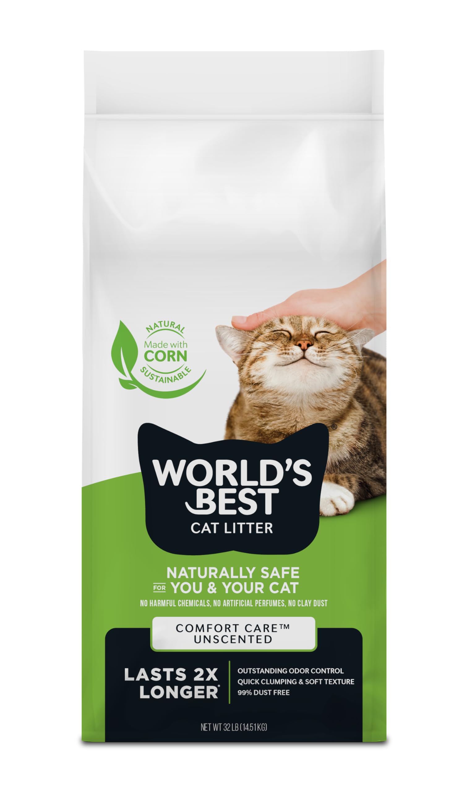 World's Best Cat Litter face avant montrant emballage pratique et bénéfice longue durée