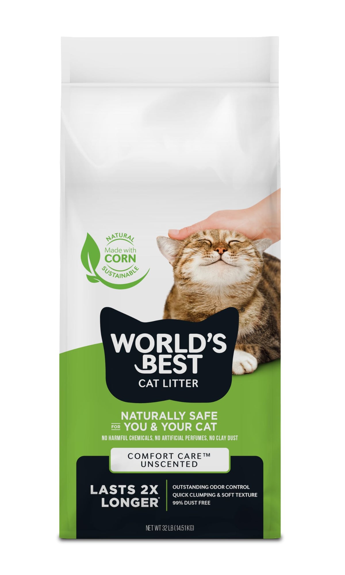 World's Best Cat Litter face avant montrant emballage pratique et bénéfice longue durée
