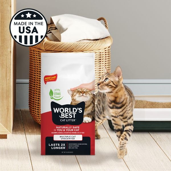 World's Best Cat Litter sac à côté d'un bac pour échelle et volume clair