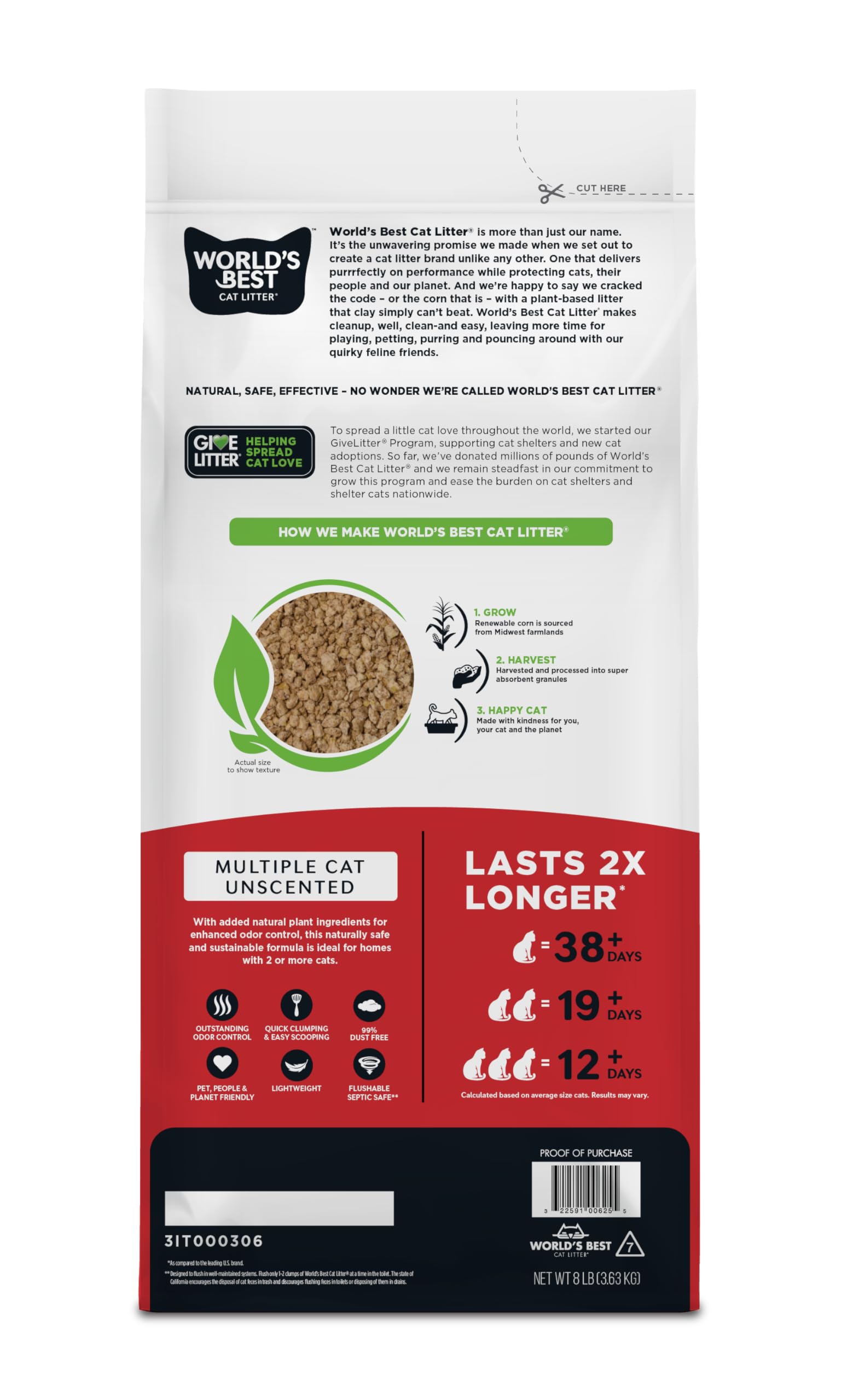 World's Best Cat Litter gros plan sur la texture de maïs, absorption naturelle