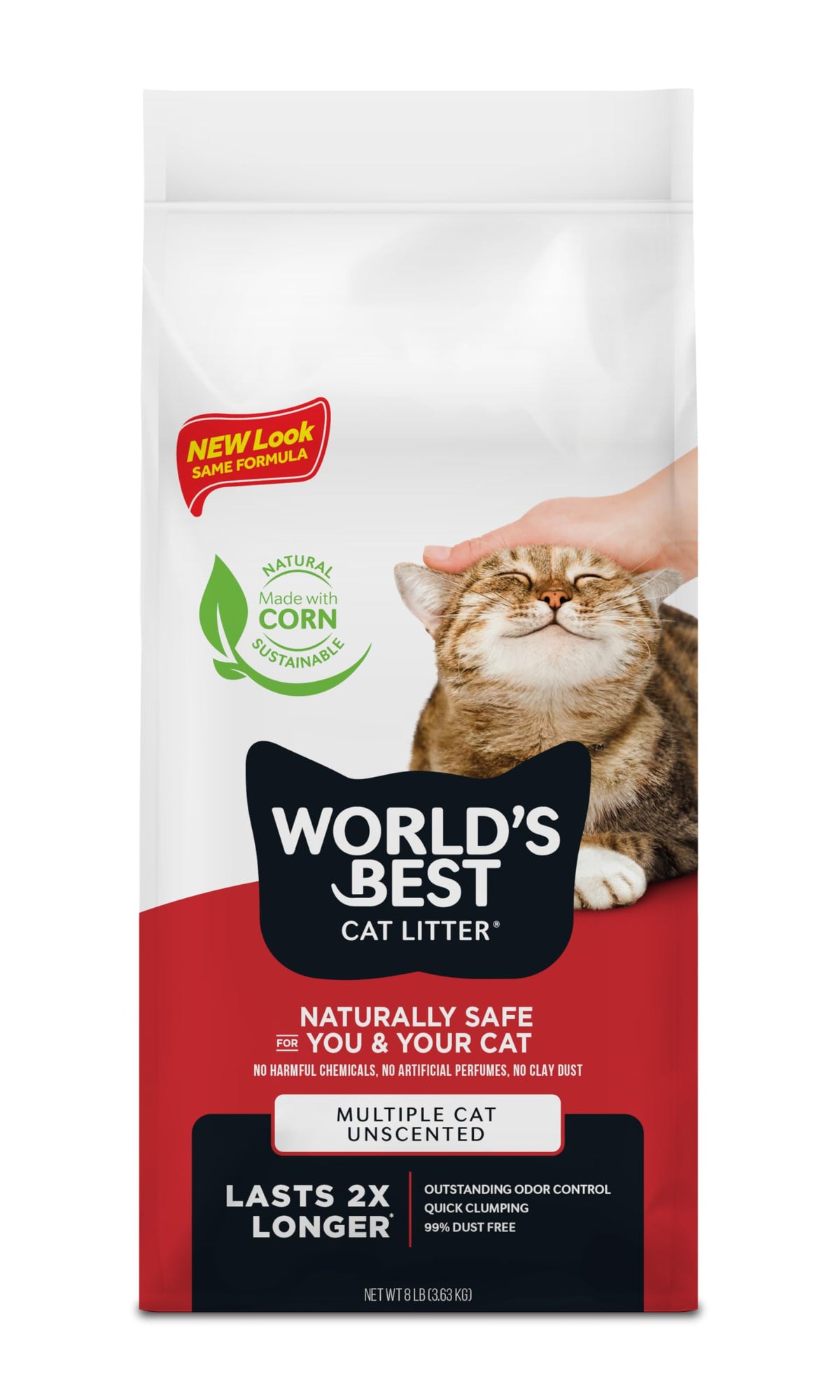 World's Best Cat Litter sachet avant montrant la marque et la quantité 8 lb, praticité