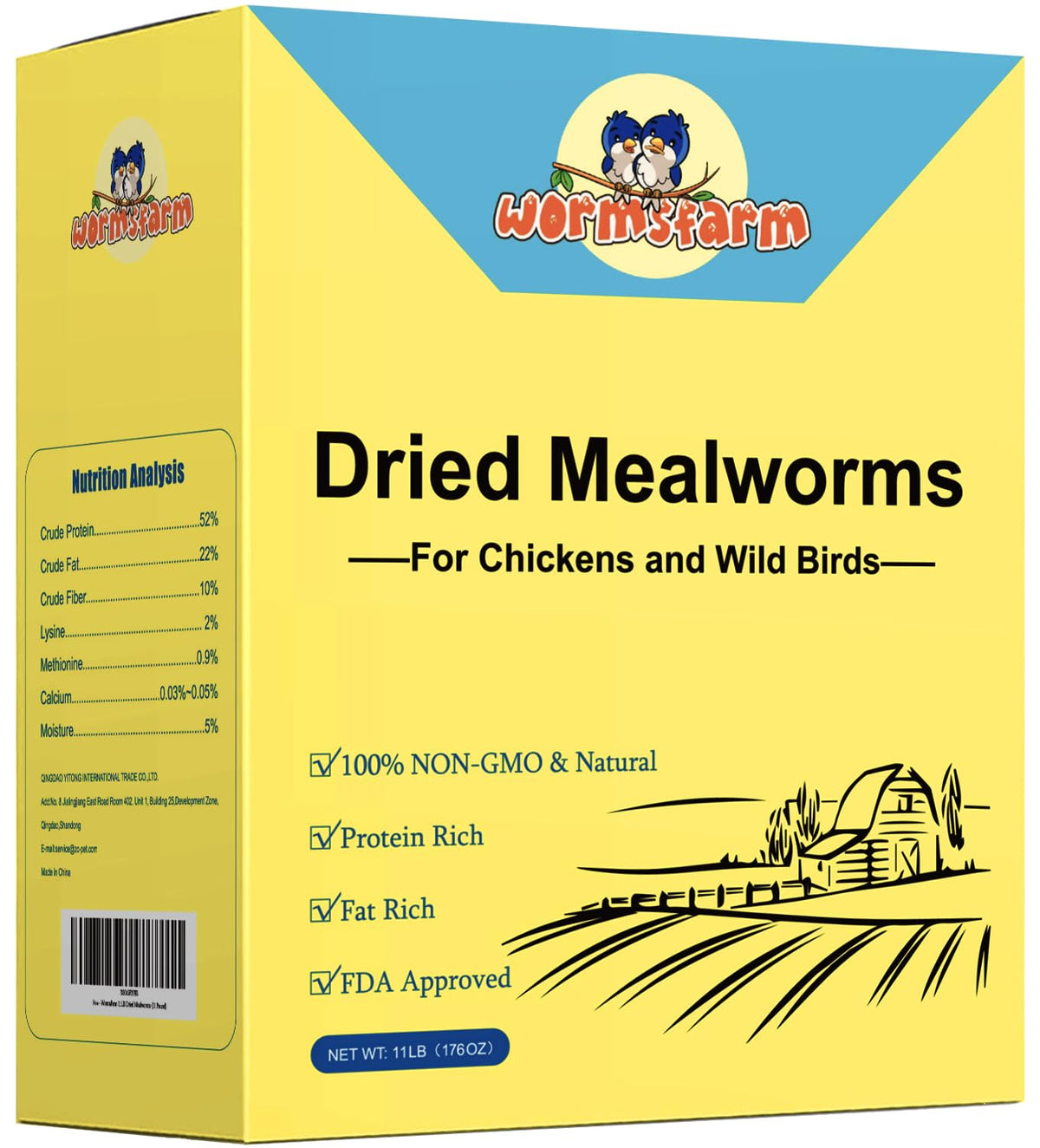 WormsFarm boîte 11 lb de vers de farine montrant l'emballage pratique et la conservation
