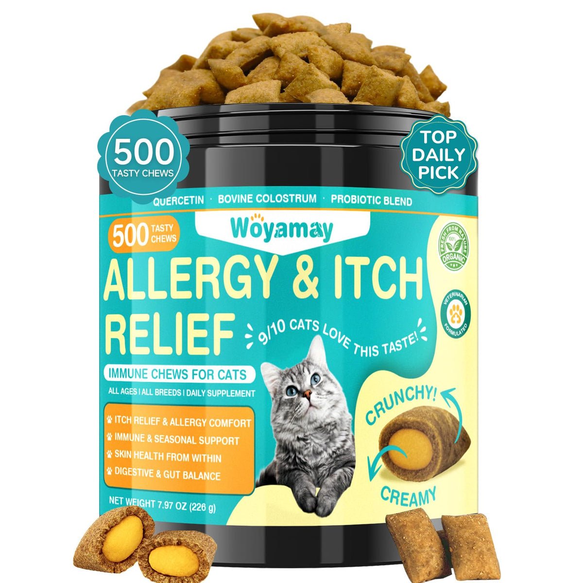 Woyamay emballage avant montrant 500 friandises et bénéfice tranquillité