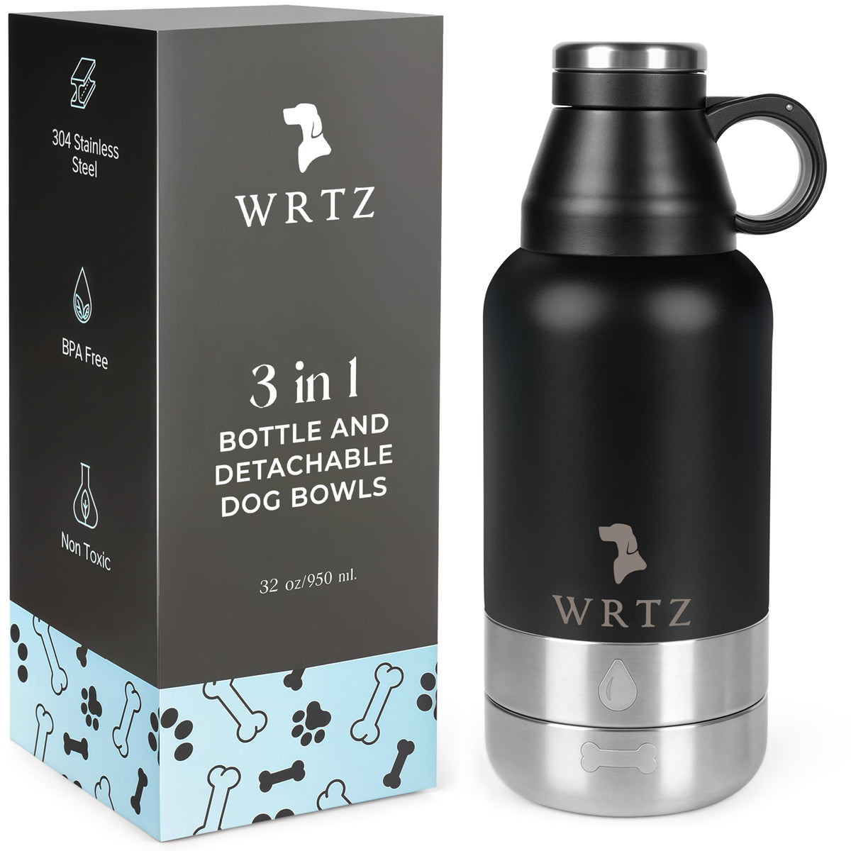 WRTZ gourde chien face avant montrant design robuste et capacité 32oz