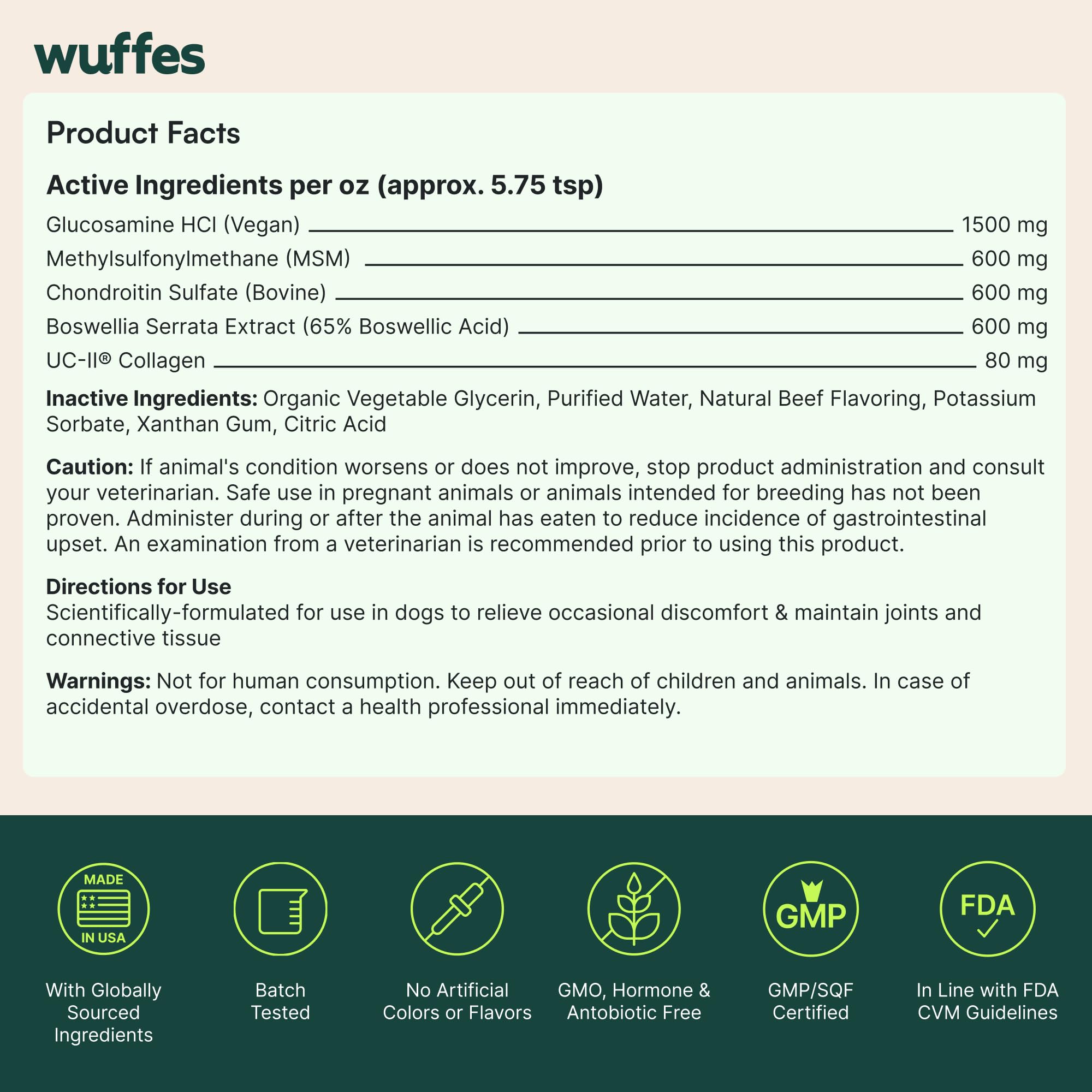 Wuffes emballage avec logos NSF et GMP attestant fabrication sûre