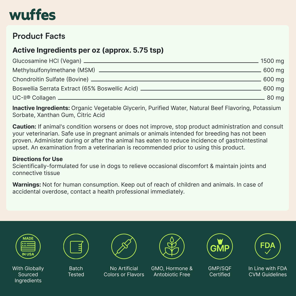 Wuffes emballage avec logos NSF et GMP attestant fabrication sûre