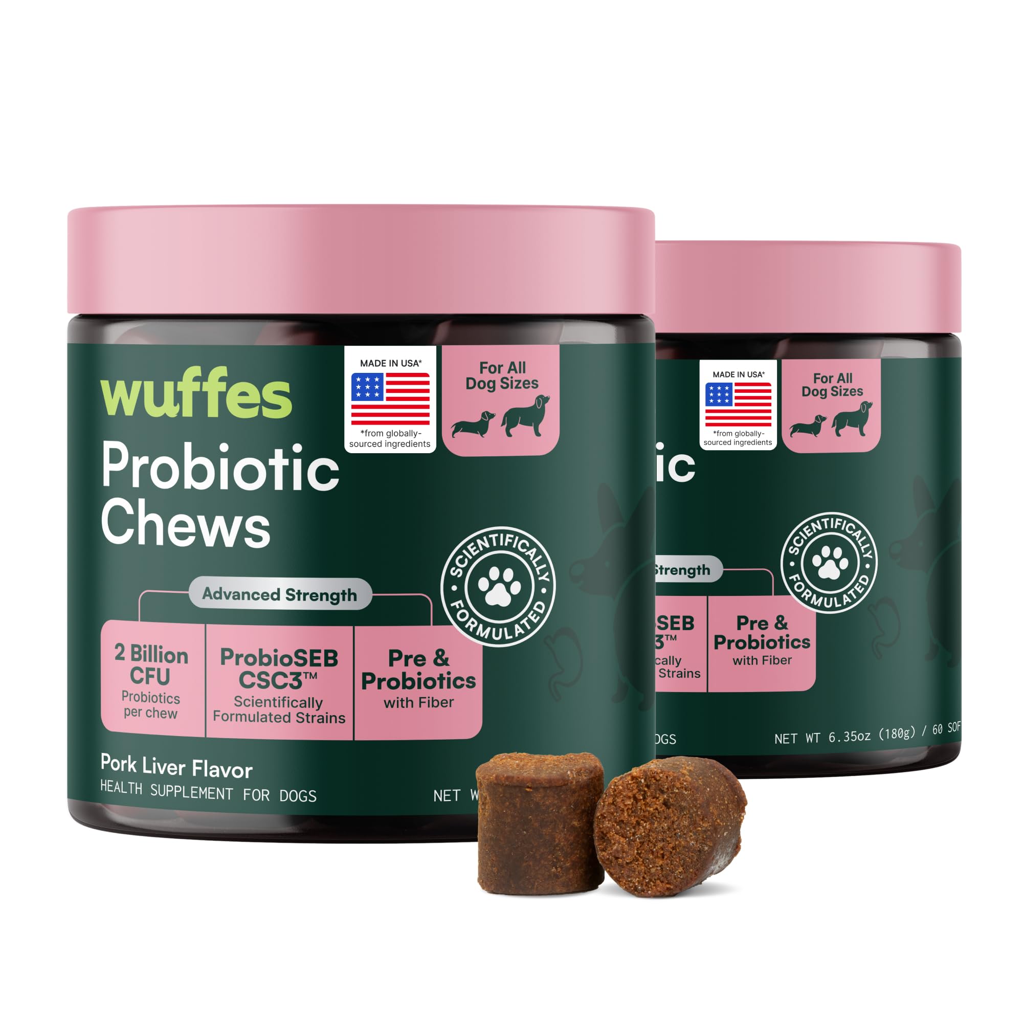 Wuffes emballage frontal montrant le lot 2-pack et 120 chews bénéfices digestifs