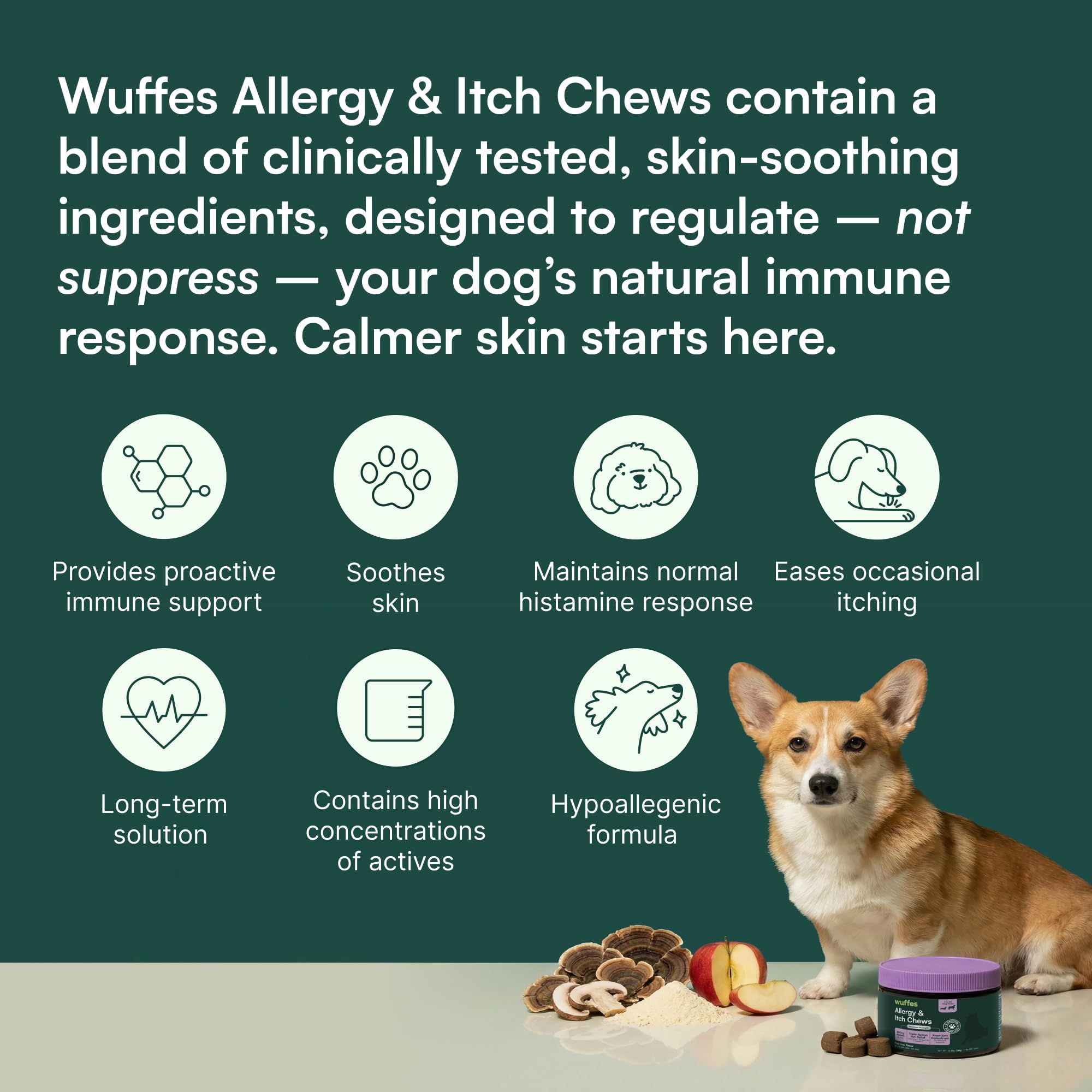 Ingrédients Wuffes colostrum et quercétine illustrés pour soutien immunitaire