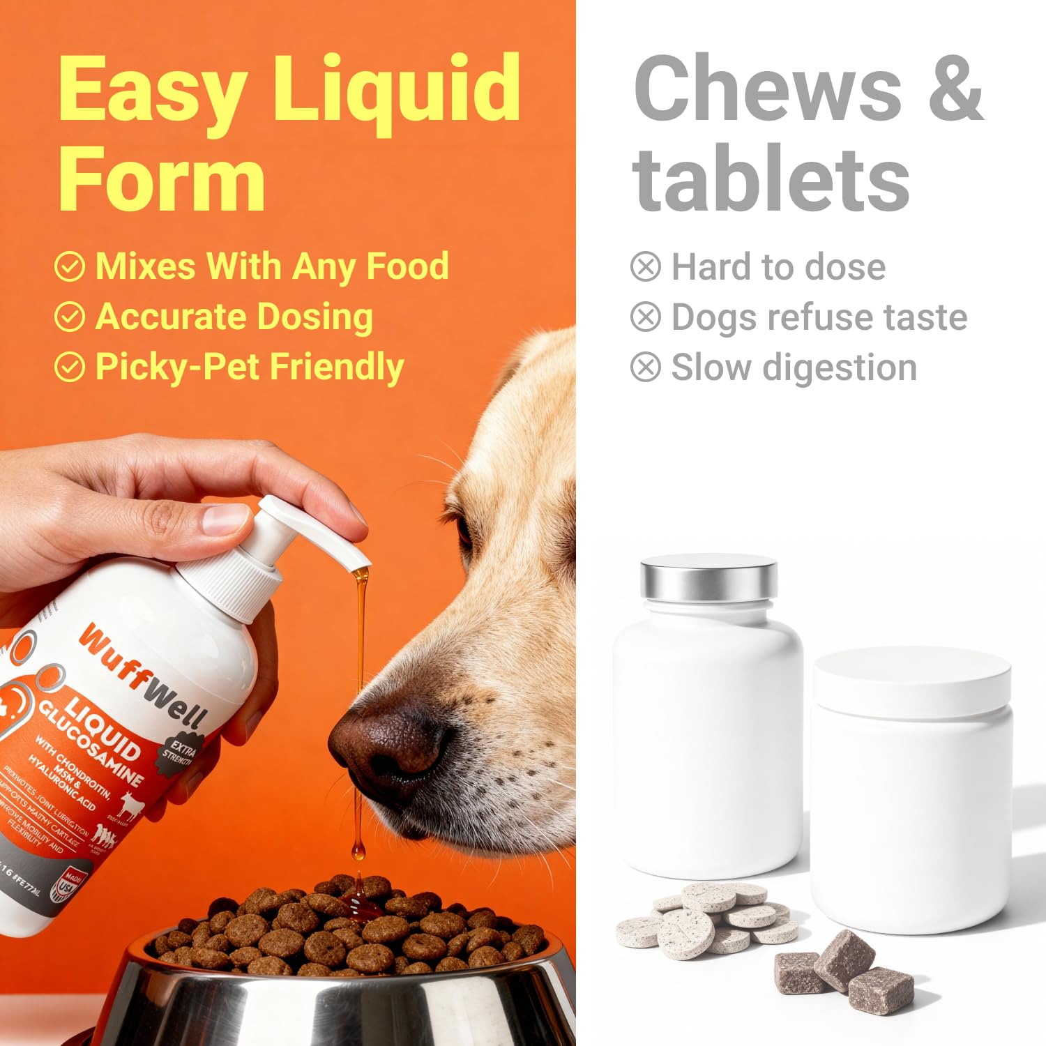 WuffWell produit ajouté à la gamelle montrant acceptation par le chien